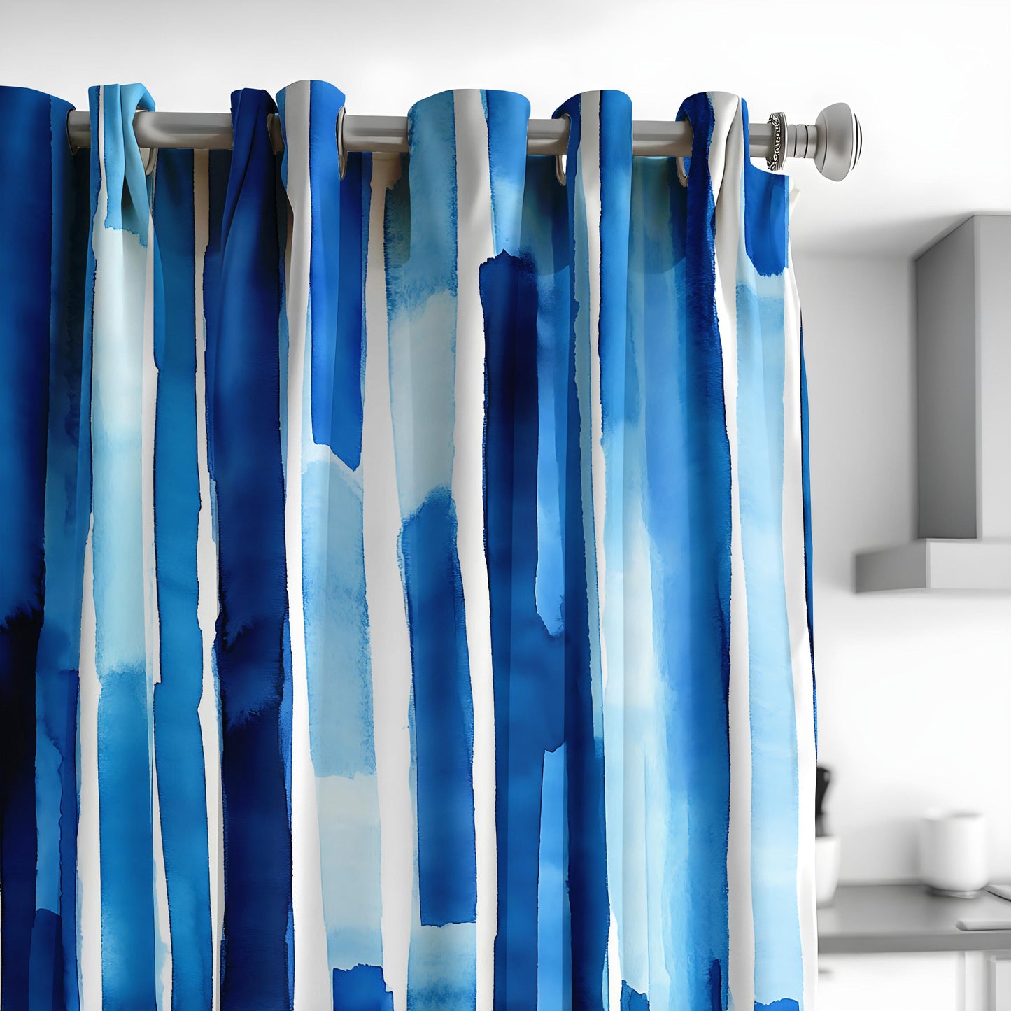 Blue Watercolor Striped Curtains, Abstract Vertical Blue Stripe
