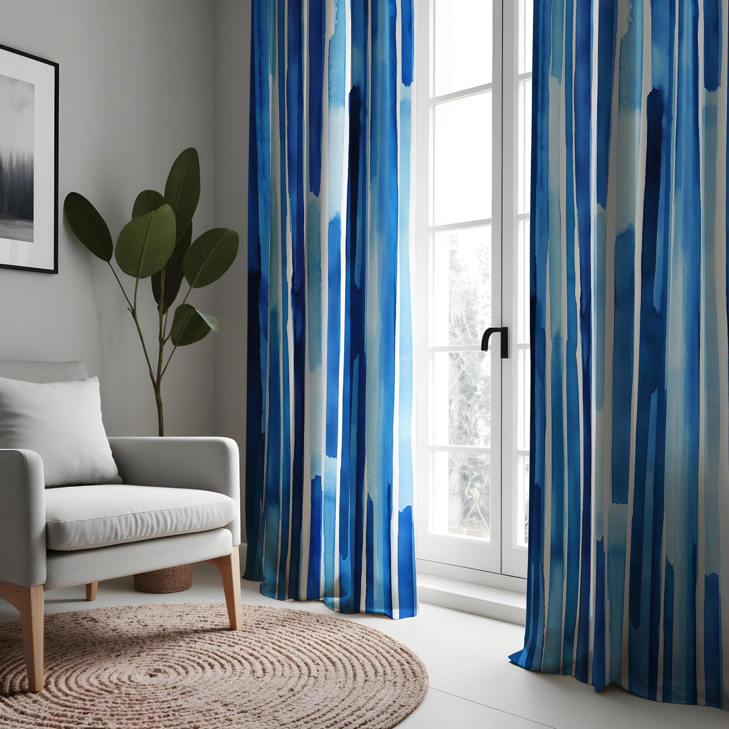 Blue Watercolor Striped Curtains, Abstract Vertical Blue Stripe
