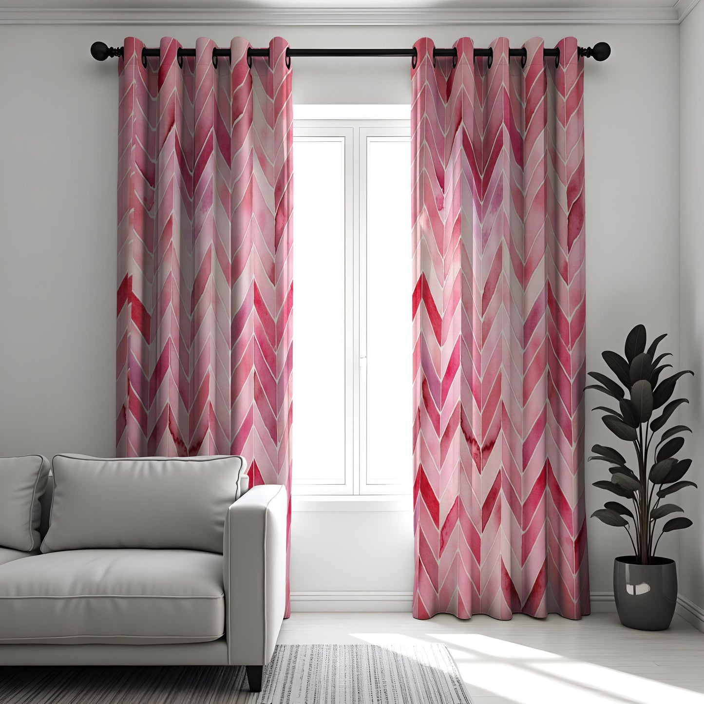 Pink Chevron Curtains, Watercolor Herringbone Drapes