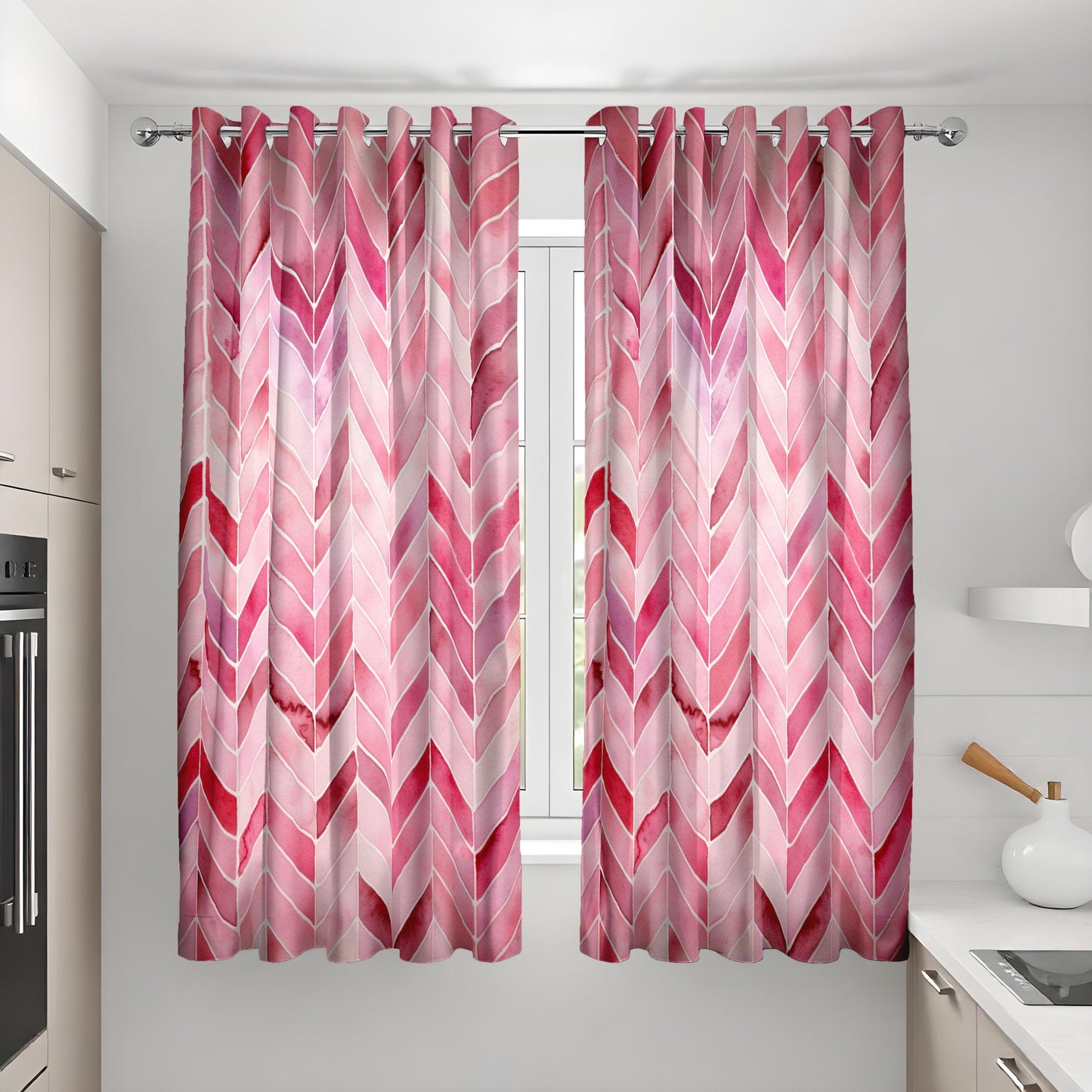 Pink Chevron Curtains, Watercolor Herringbone Drapes