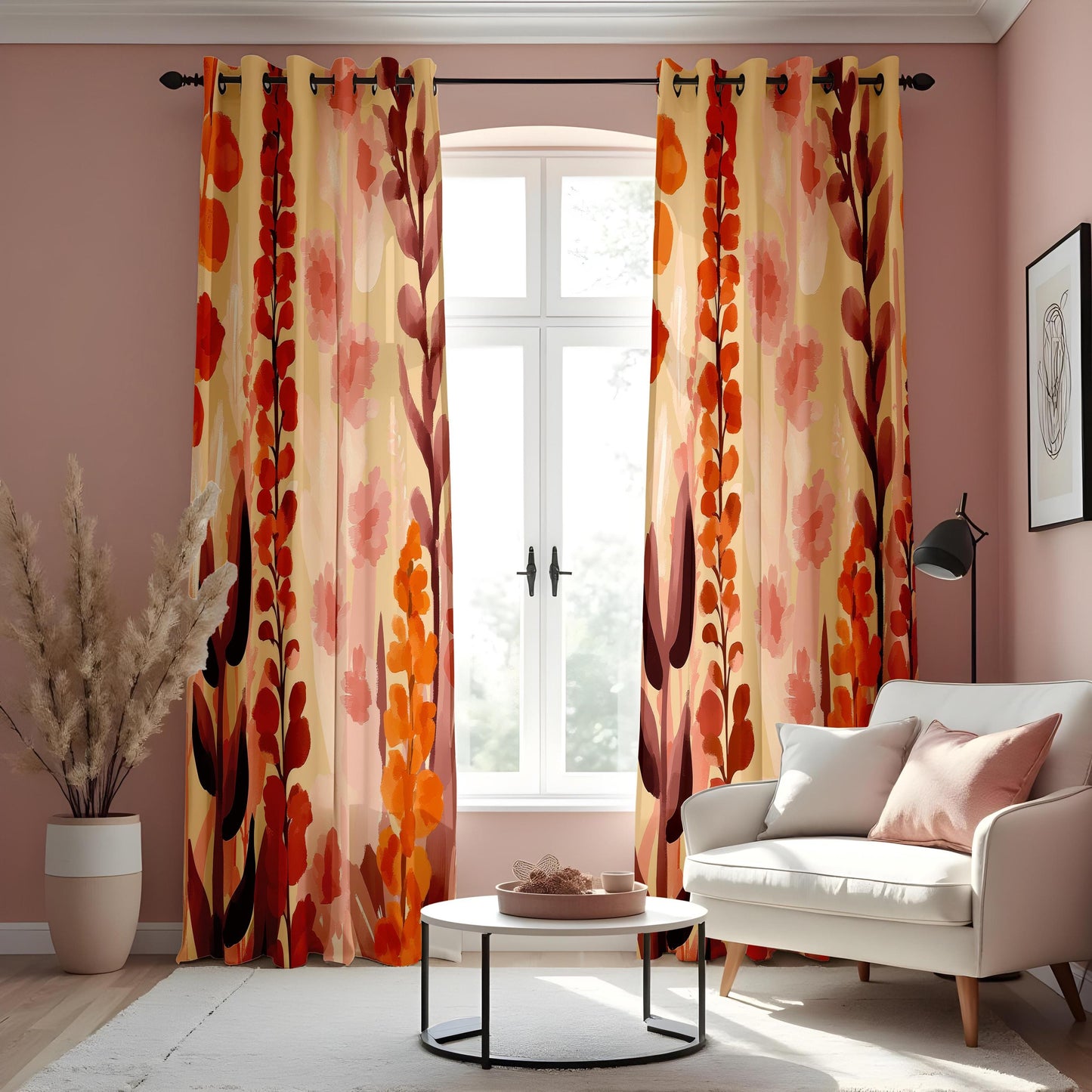 Floral Abstract Curtains, Warm Orange and Pink Bloom Drapes