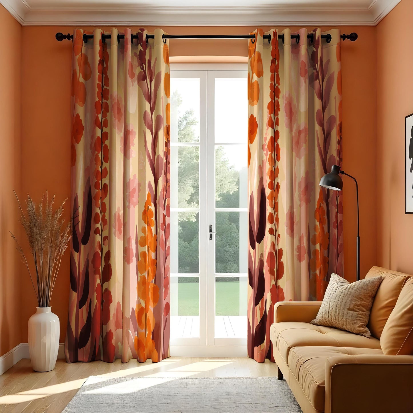 Floral Abstract Curtains, Warm Orange and Pink Bloom Drapes