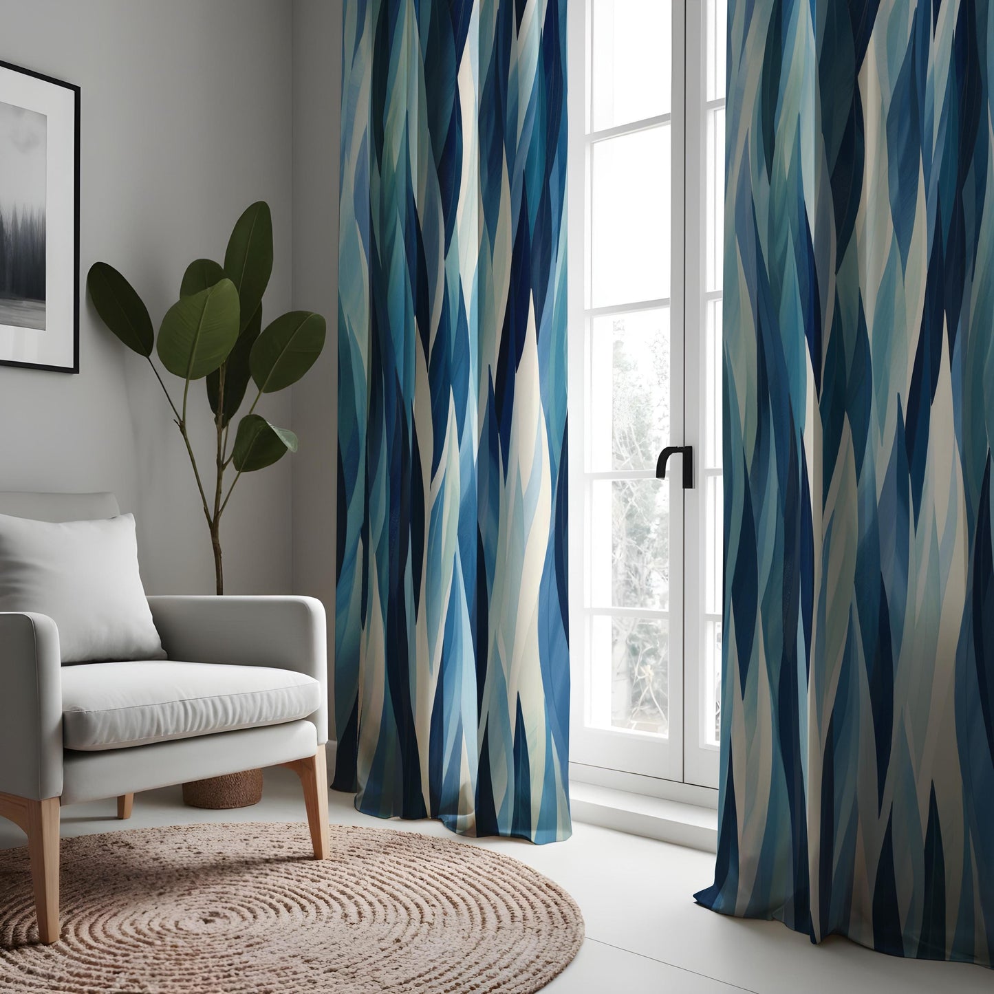 Abstract Blue Wave Curtains, Modern Watercolor Geometric Drapes
