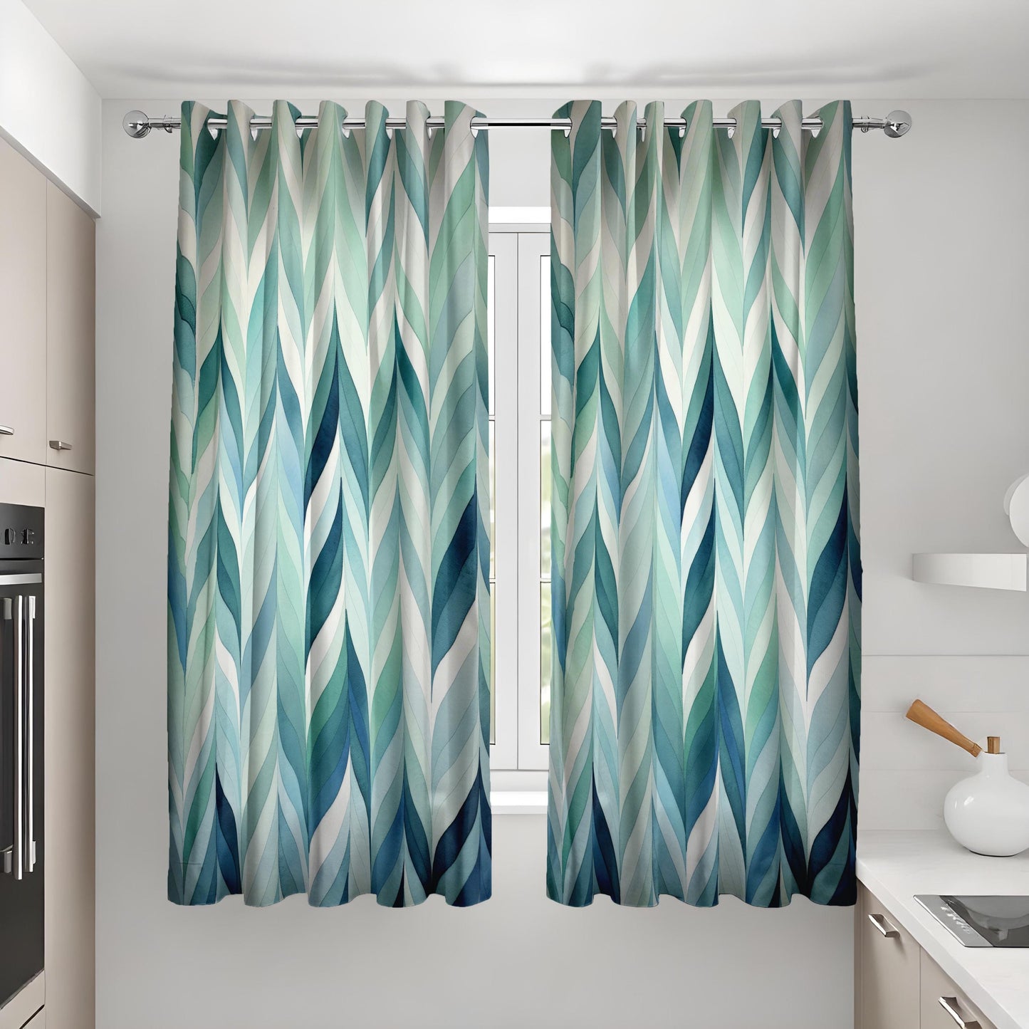 Geometric Green and Blue Curtains, Modern Abstract Pattern Drapes