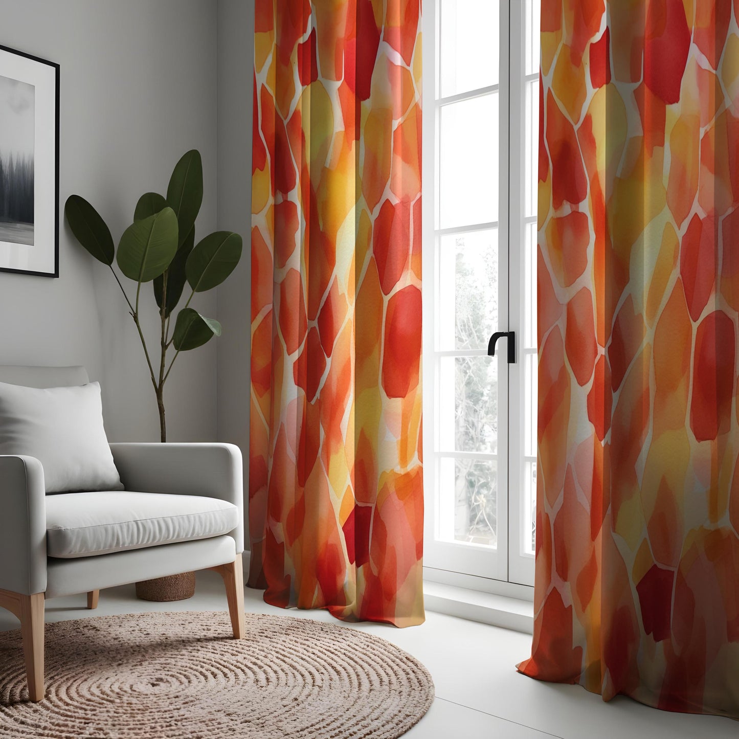 Vibrant Orange & Yellow Geometric Curtains, Abstract Colorful Drapes