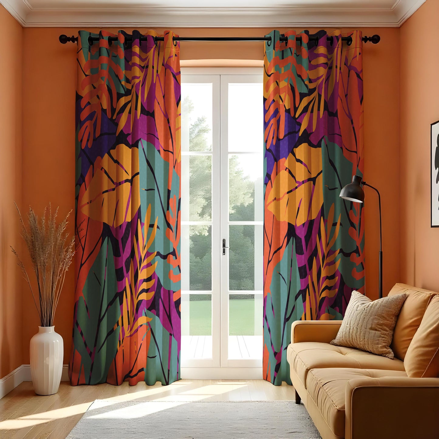 Bold Tropical Print Curtains, Abstract Colorful Leaves Drapes