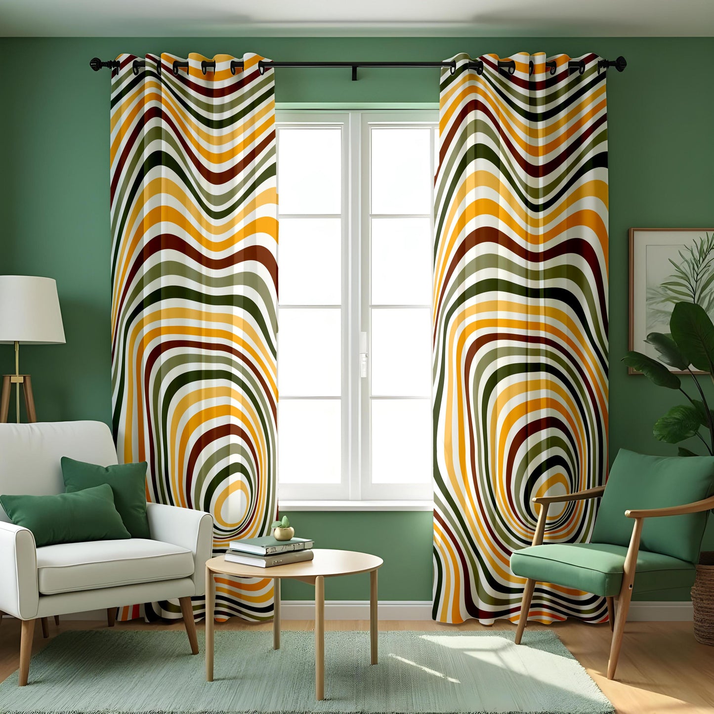 Abstract Orange & Black Line Curtains, Modern Geometric Drapes, Made