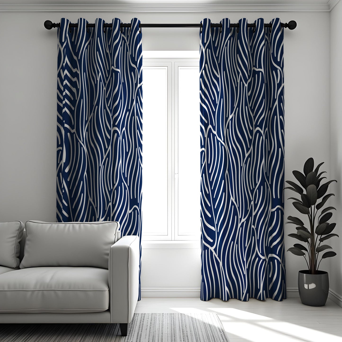 Navy Blue Abstract Leaf Curtains, Modern Minimalist Drapes