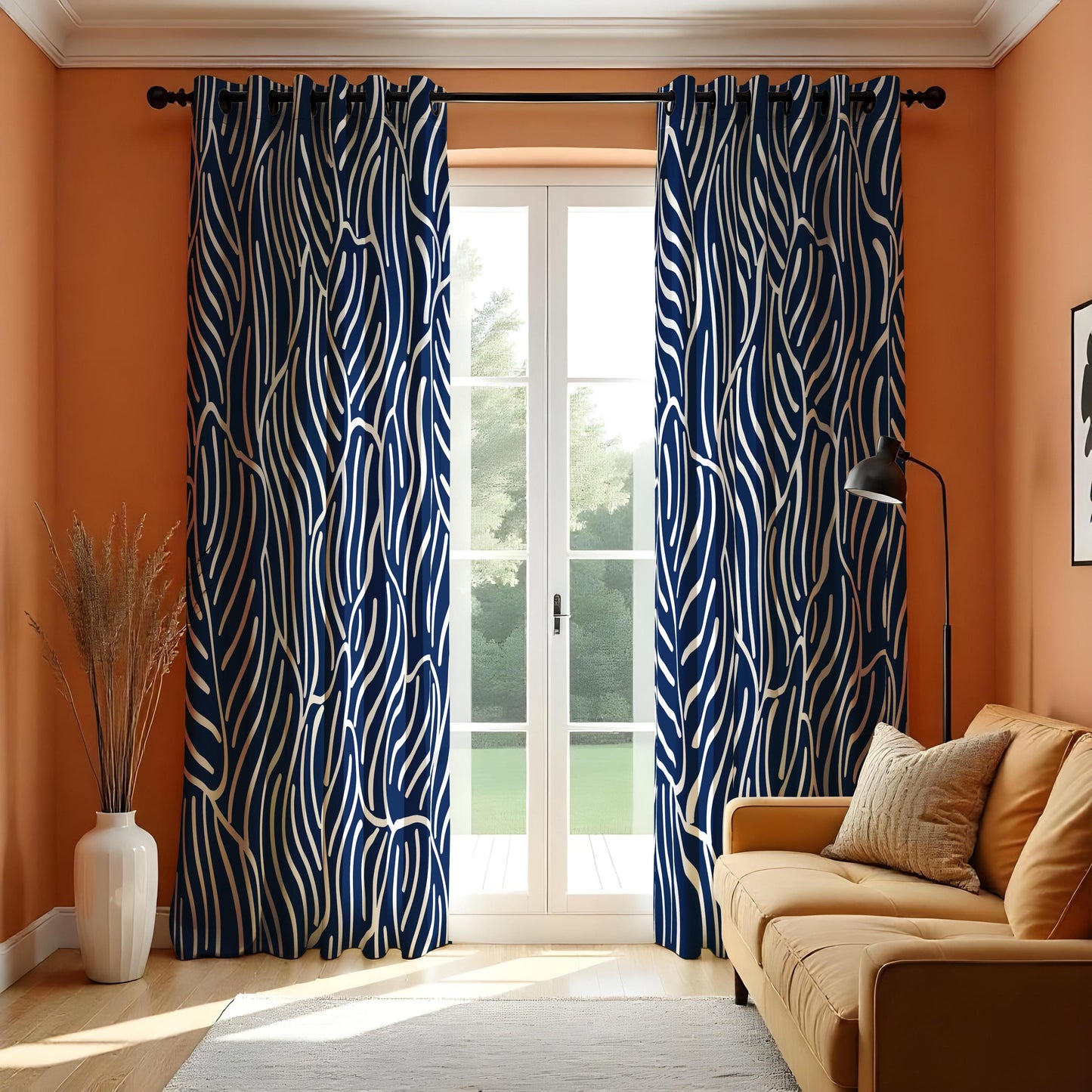 Navy Blue Abstract Leaf Curtains, Modern Minimalist Drapes