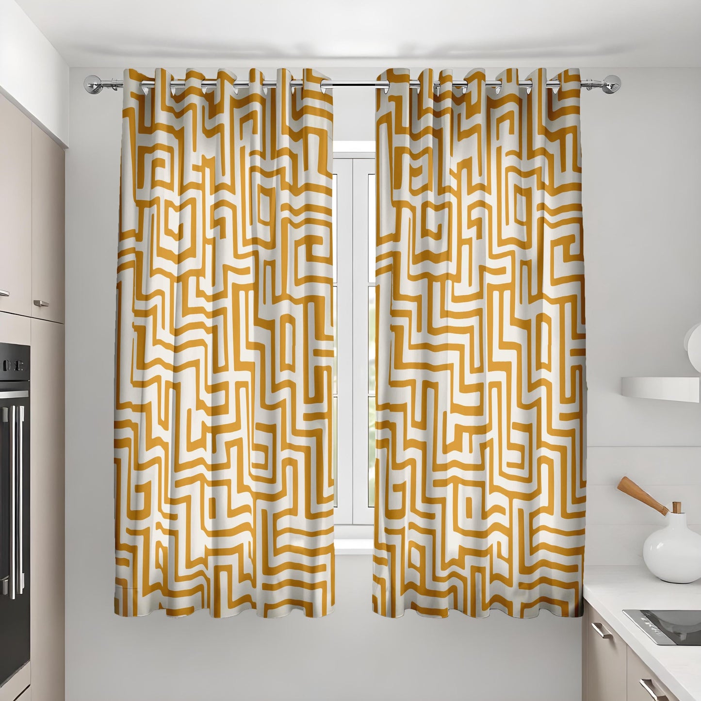 Mustard Maze Curtain, Modern Geometric Drape, Contemporary Home