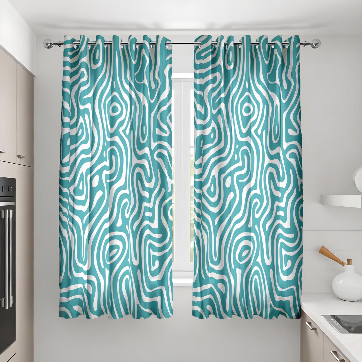 Abstract Wave Design Curtains, Modern Geometric Drapes, Teal & White