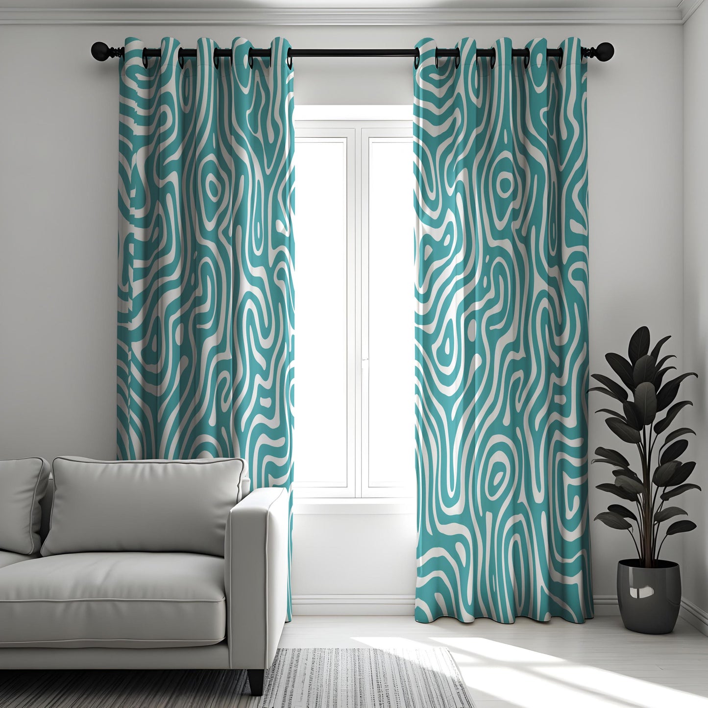 Abstract Wave Design Curtains, Modern Geometric Drapes, Teal & White