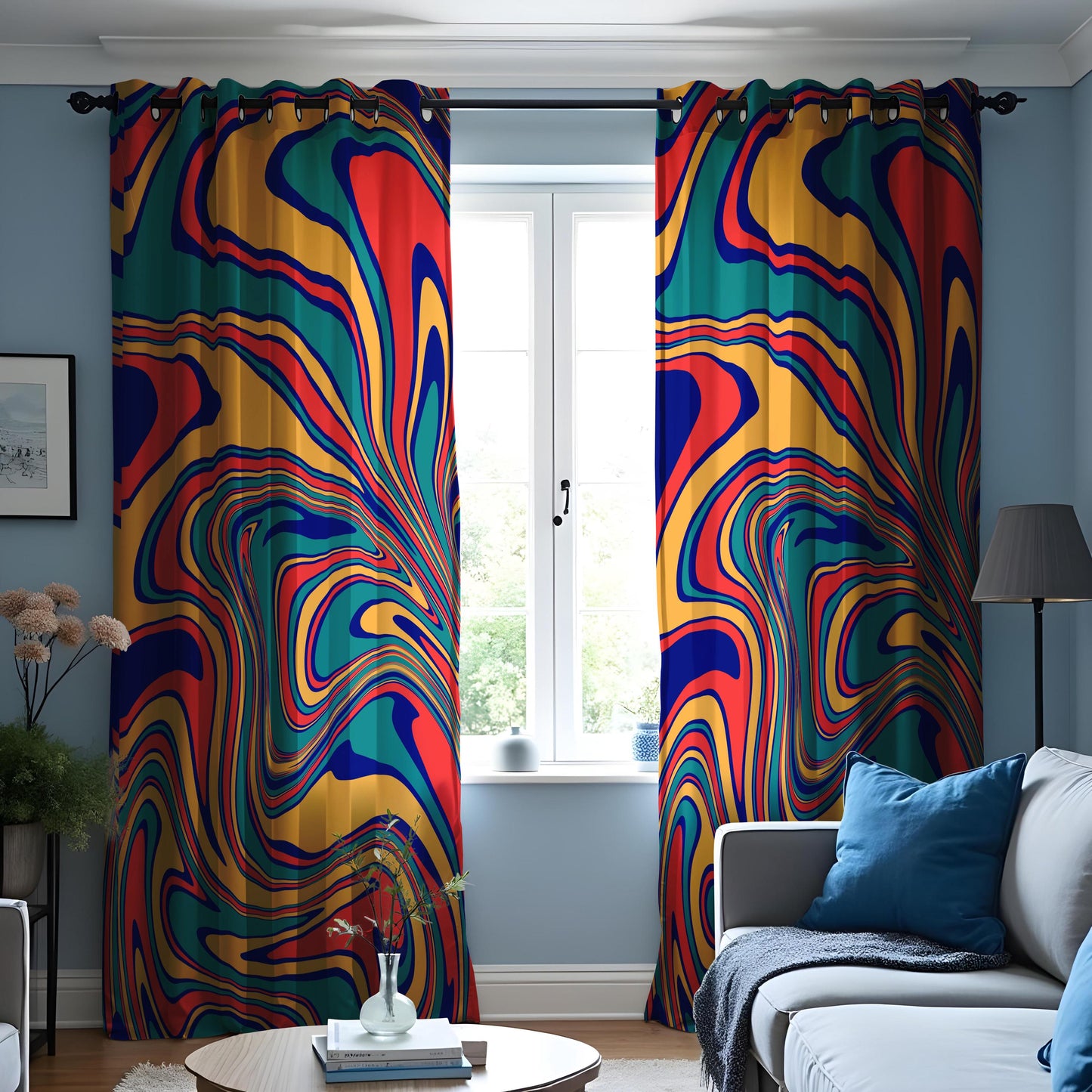 Vibrant Abstract Swirl Curtains, Colorful Retro Design Drapes