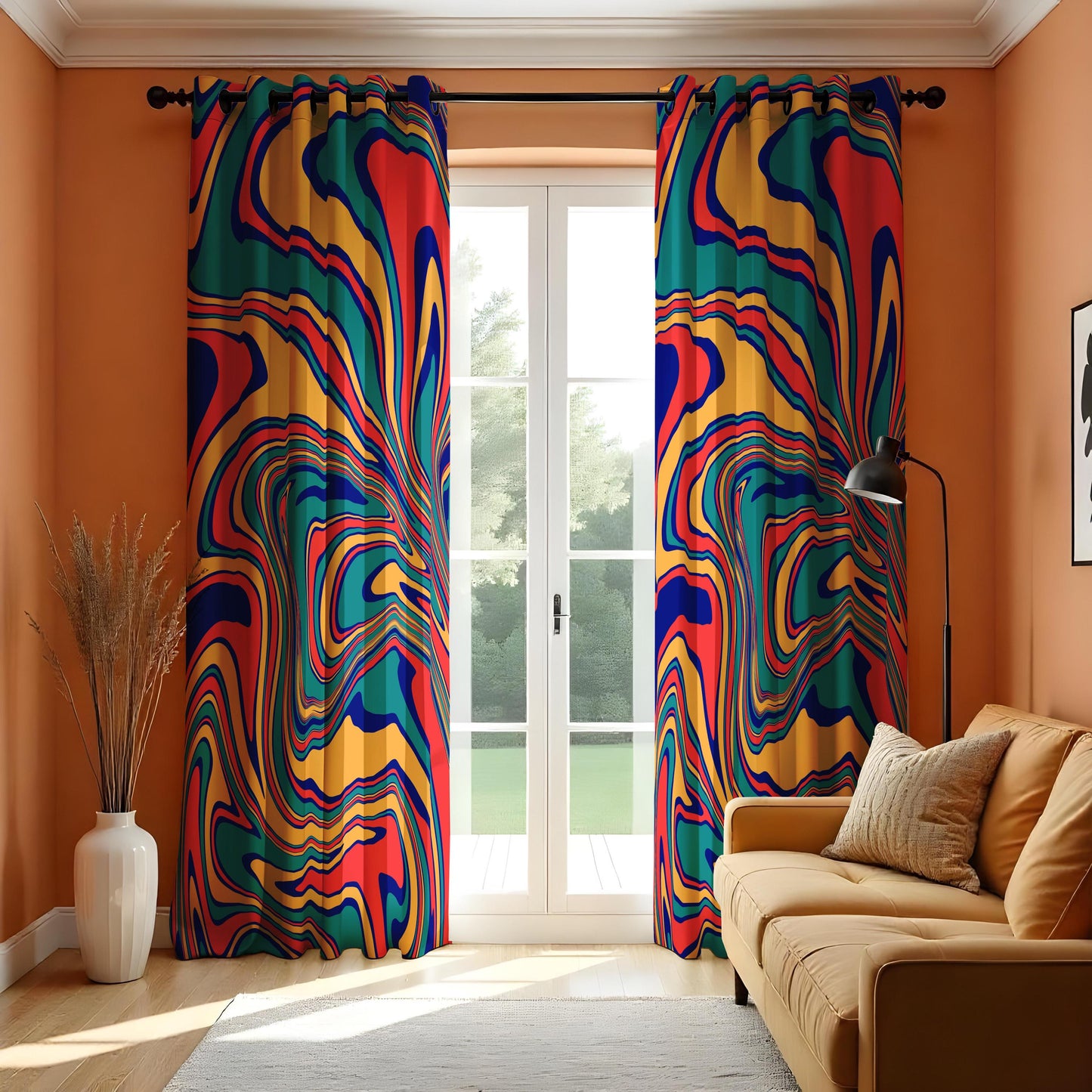 Vibrant Abstract Swirl Curtains, Colorful Retro Design Drapes