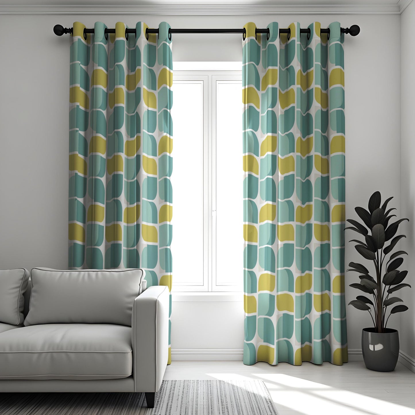 Modern Geometric Teal & Yellow Curtains, Retro Abstract Window
