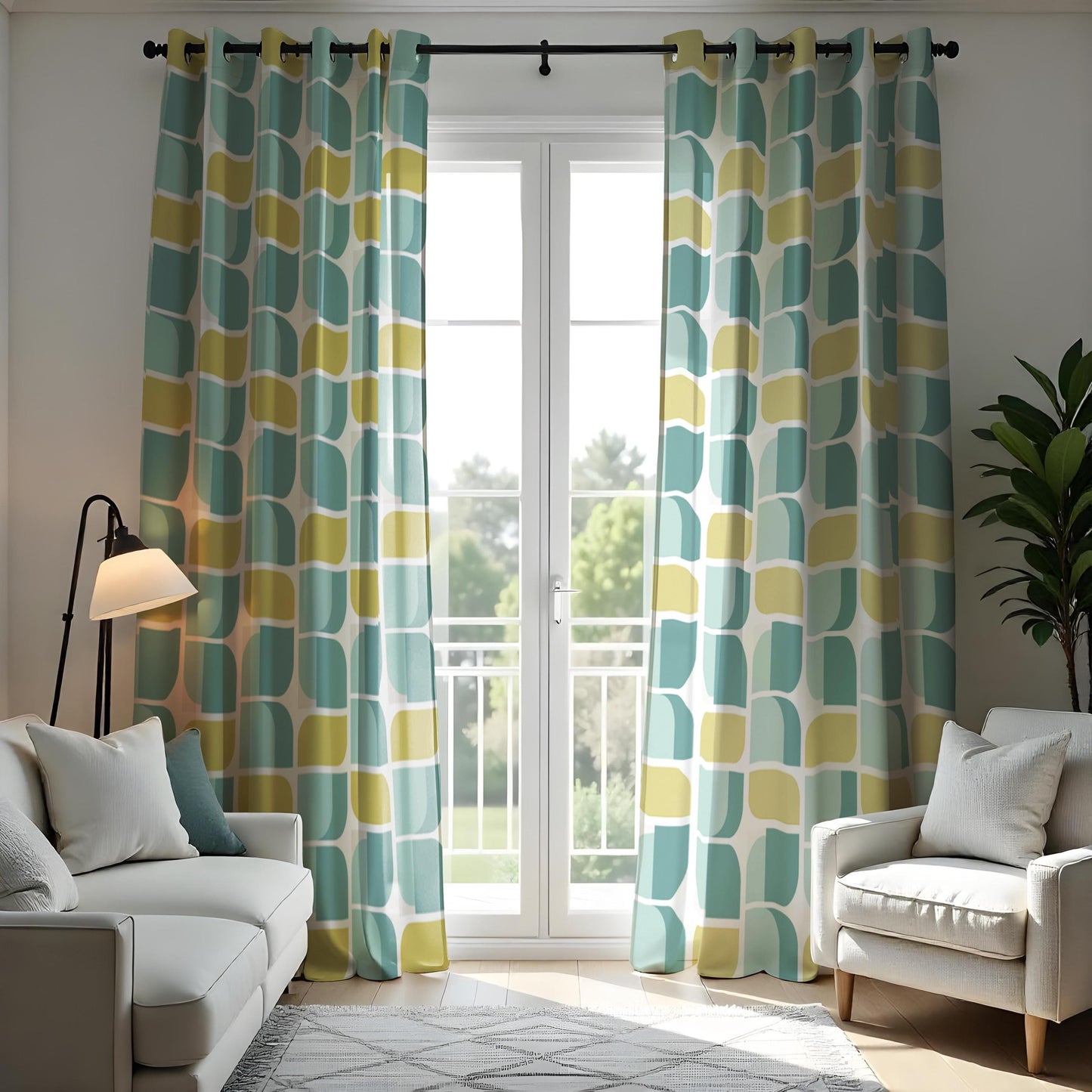 Modern Geometric Teal & Yellow Curtains, Retro Abstract Window