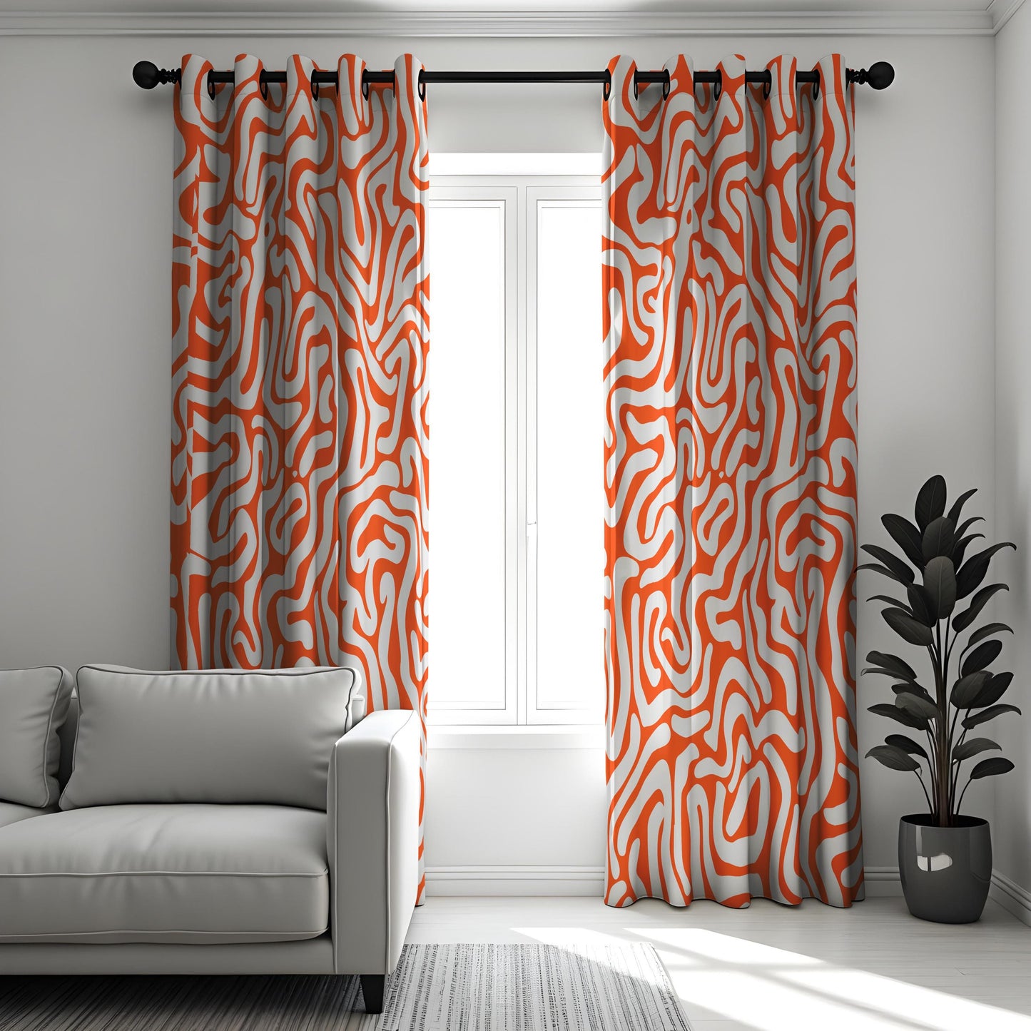 Abstract Orange & White Swirl Curtains, Modern Retro Style Drapes