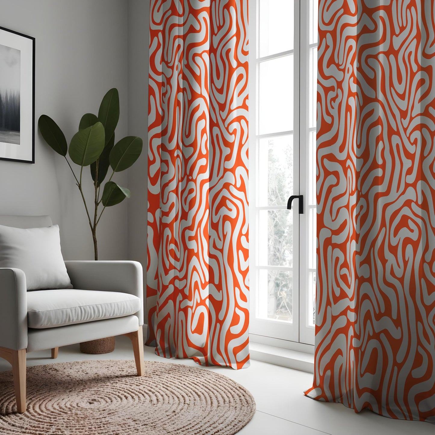 Abstract Orange & White Swirl Curtains, Modern Retro Style Drapes