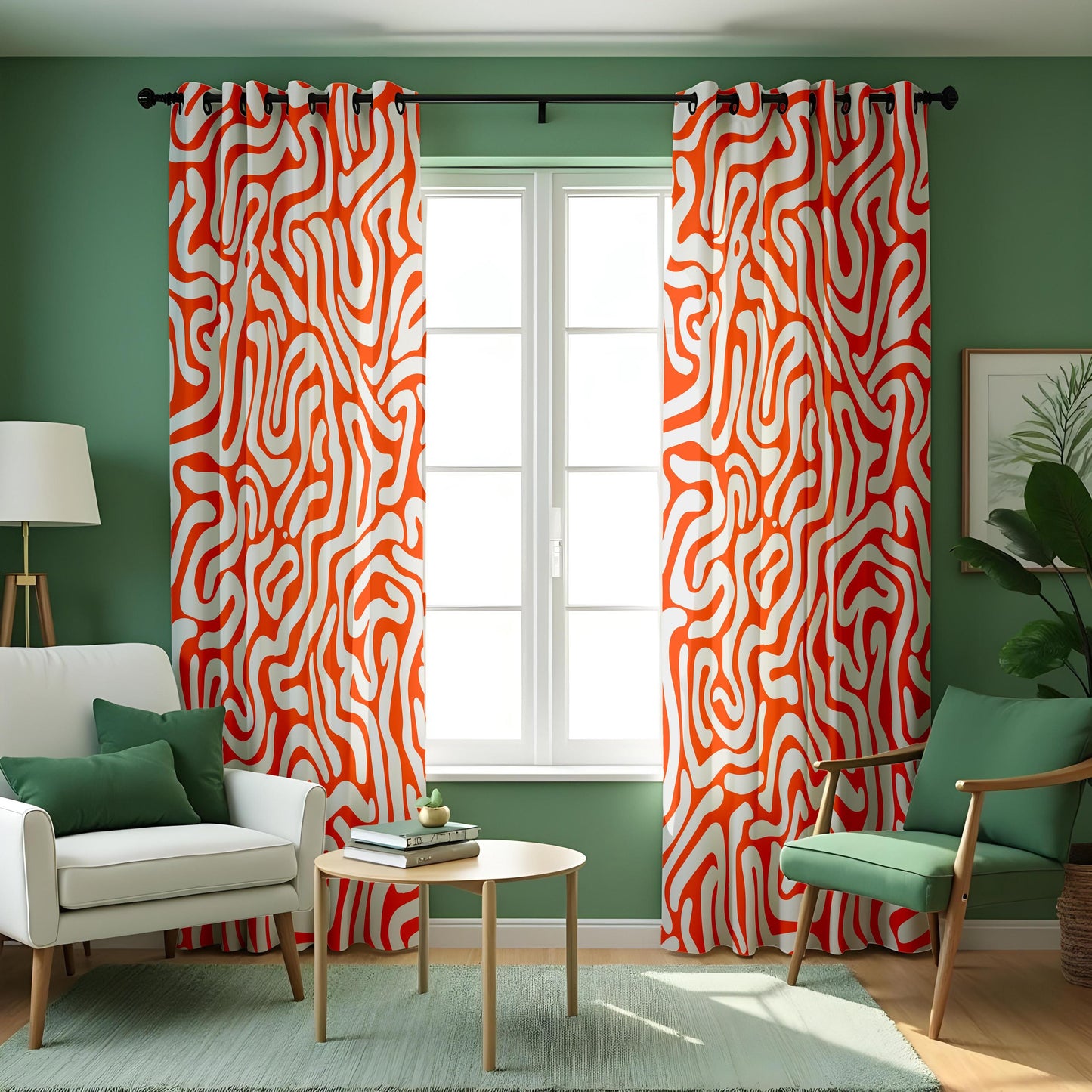 Abstract Orange & White Swirl Curtains, Modern Retro Style Drapes