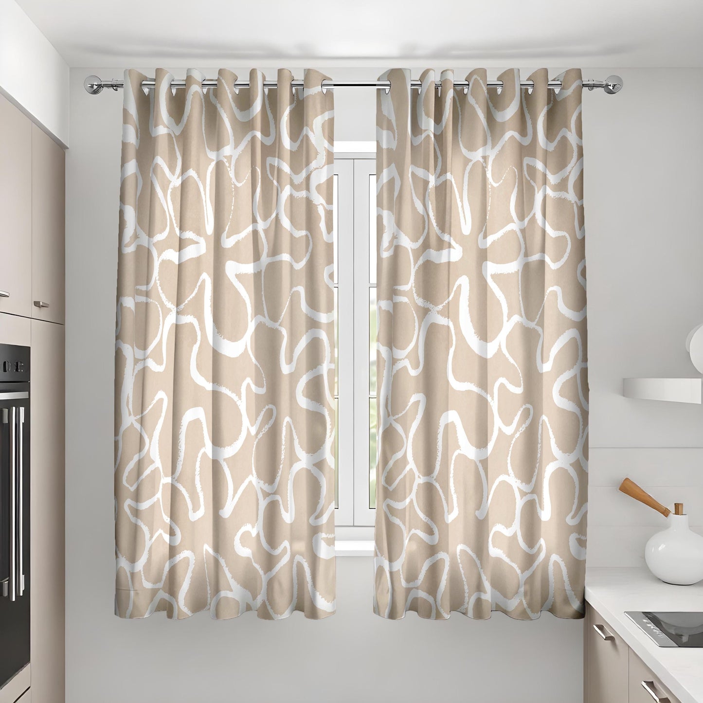 Abstract Beige & White Modern Curtains, Minimalist Soft Neutral Drapes