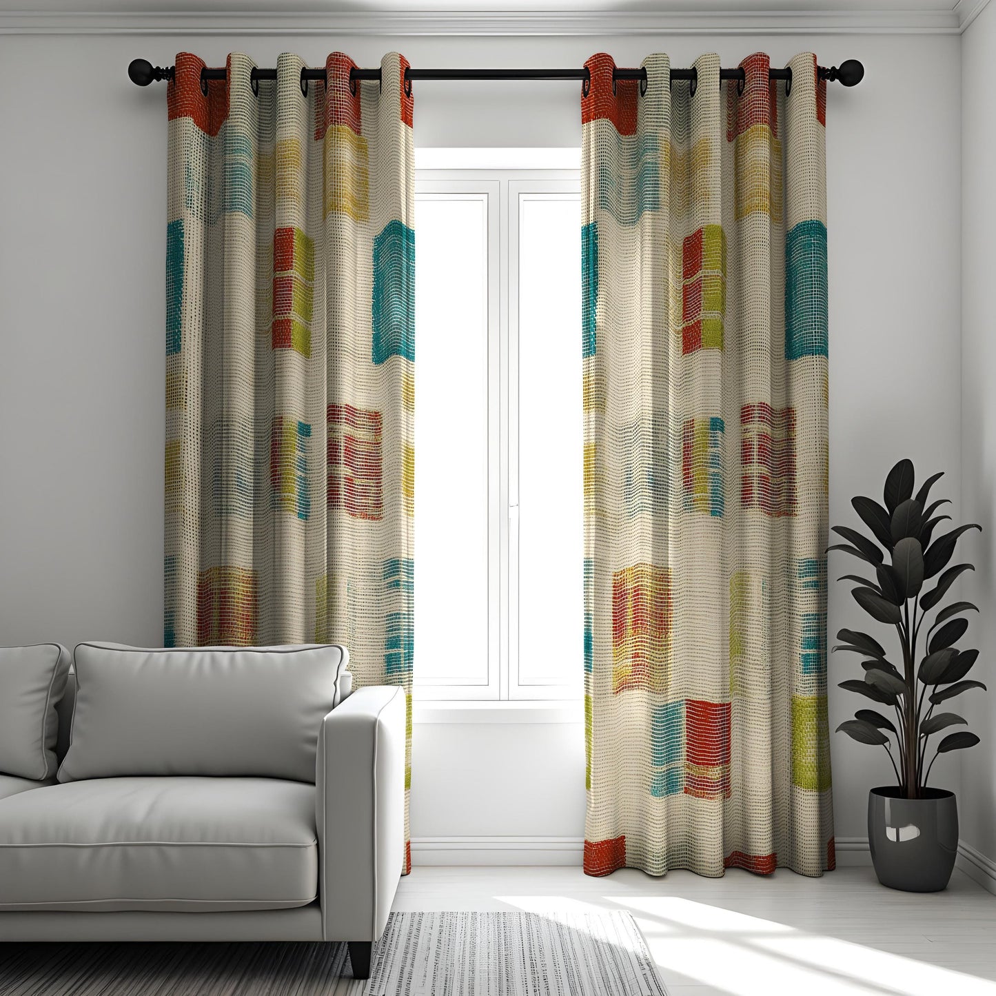 Geometric Pattern Curtains, Colorful Abstract Drapes, Modern Window