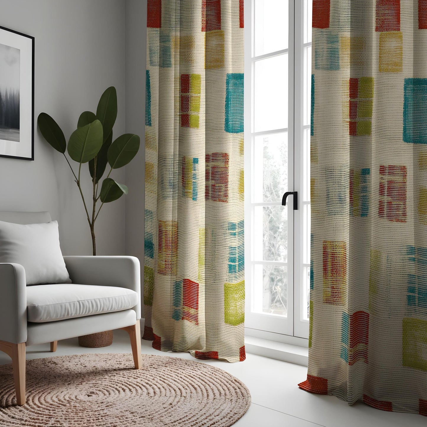 Geometric Pattern Curtains, Colorful Abstract Drapes, Modern Window