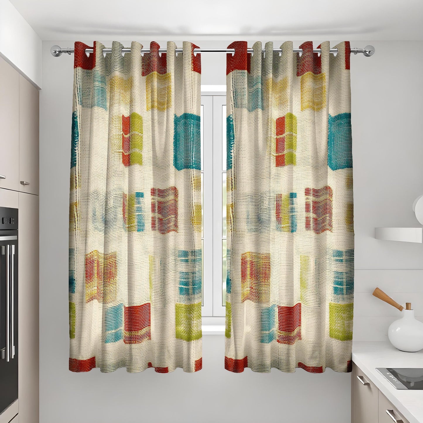 Geometric Pattern Curtains, Colorful Abstract Drapes, Modern Window