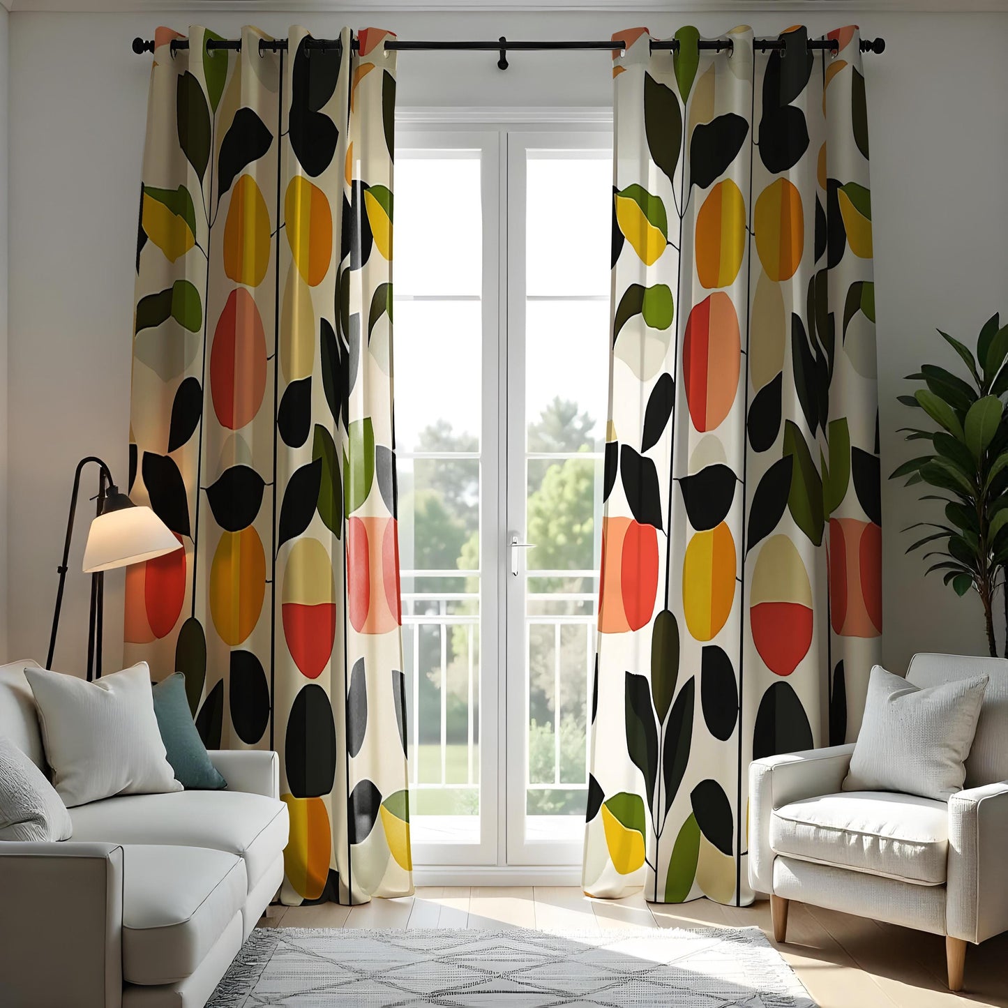Mid Century Modern Floral Curtains, Bold Abstract Leaf & Flower Drapes