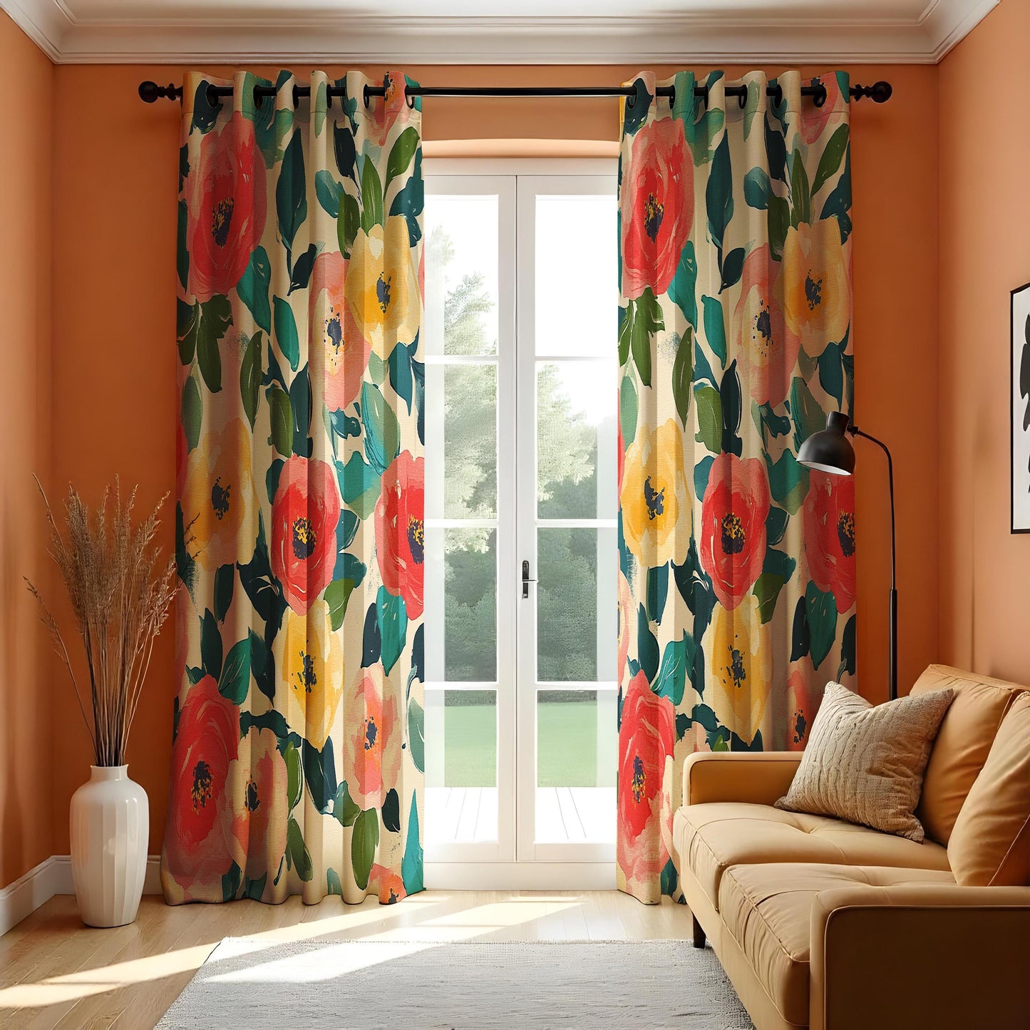 Floral Print Curtains, Vibrant Red & Yellow Poppies with Green Leaves