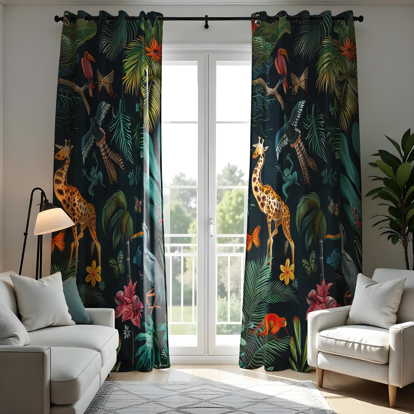 Tropical Wildlife Curtains, Exotic Animals & Plants Print Drapes