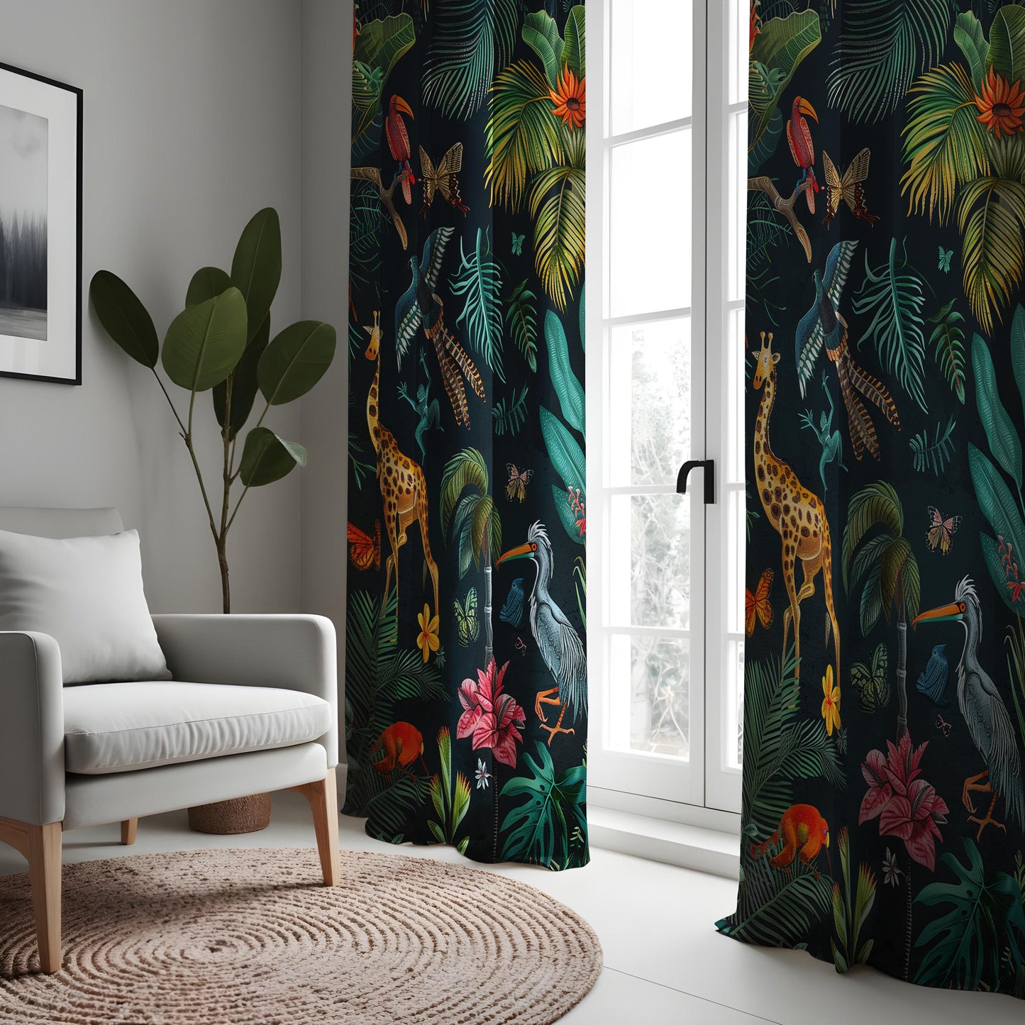 Tropical Wildlife Curtains, Exotic Animals & Plants Print Drapes