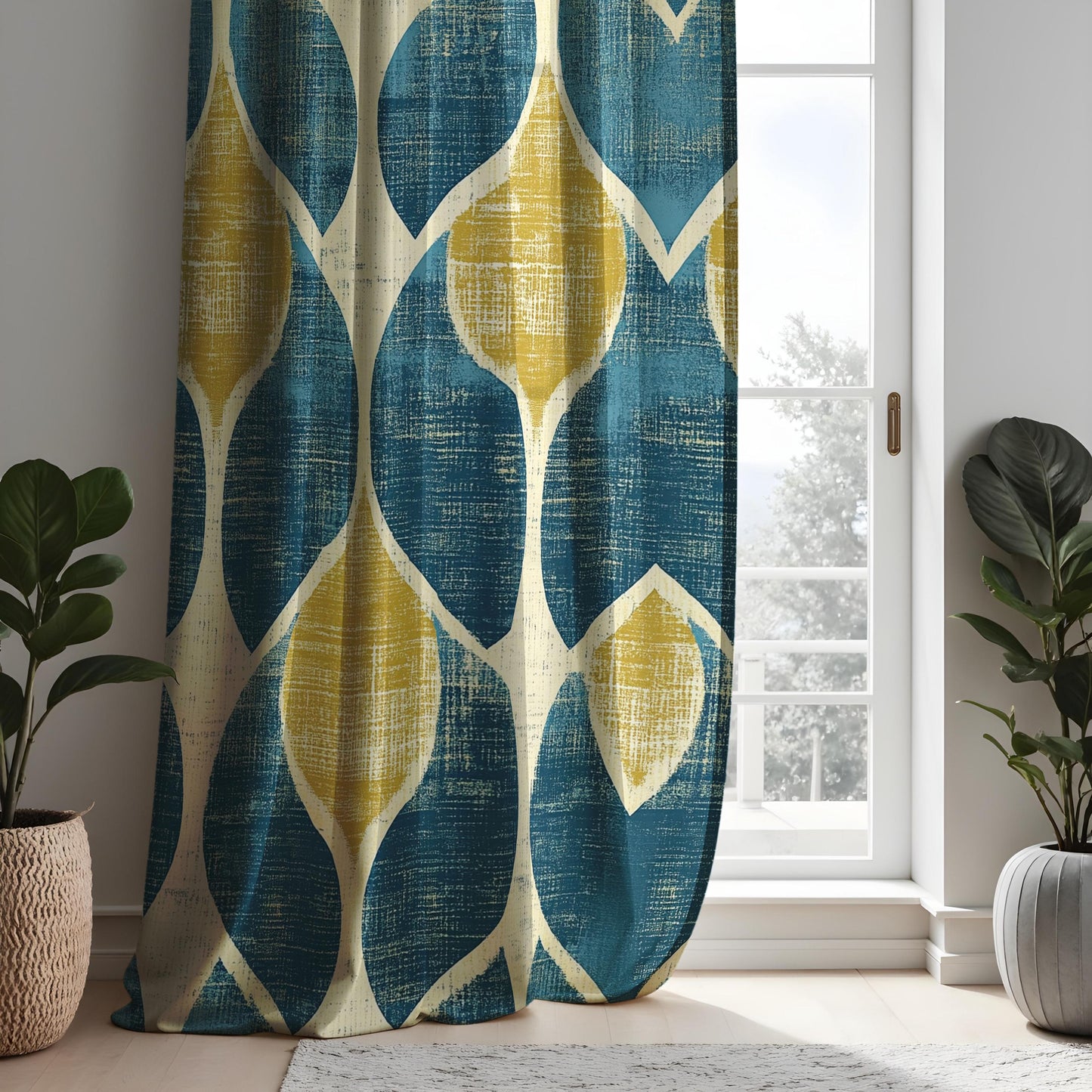 Geometric Blue and Yellow Curtains, Abstract Modern Pattern Drapes