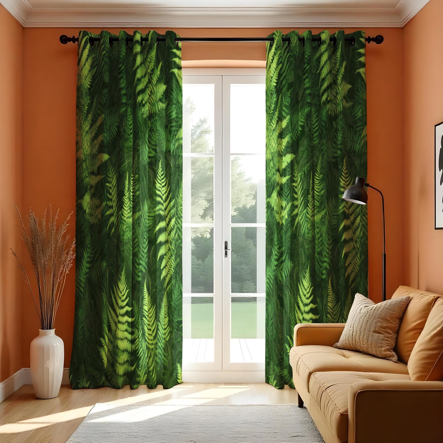 Green Fern Leaf Pattern Curtains, Botanical Nature Inspired Drapes