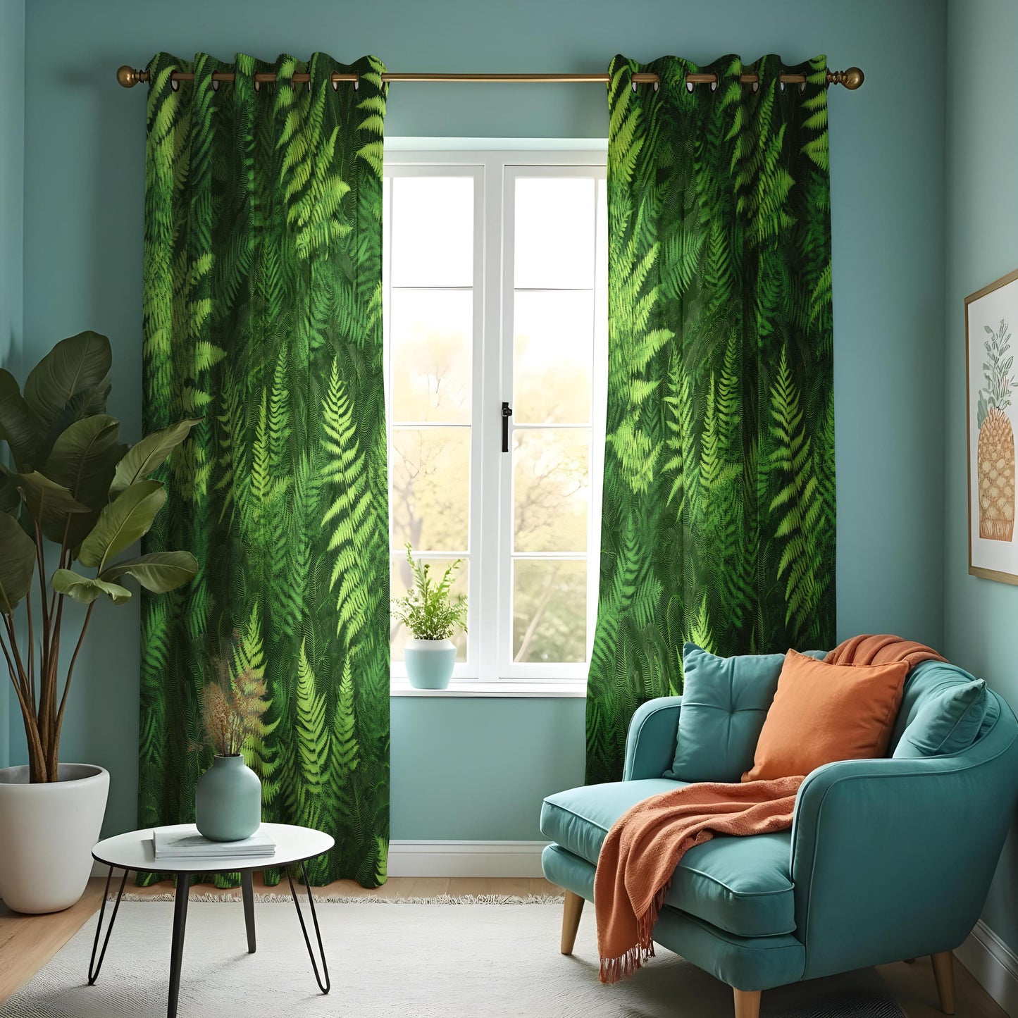 Green Fern Leaf Pattern Curtains, Botanical Nature Inspired Drapes