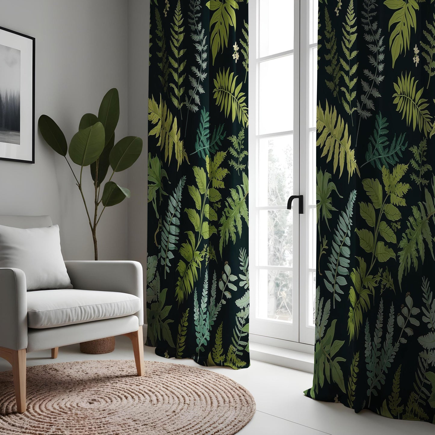 Fern Print Curtain, Green Leafy Drape, Tropical Plant Window