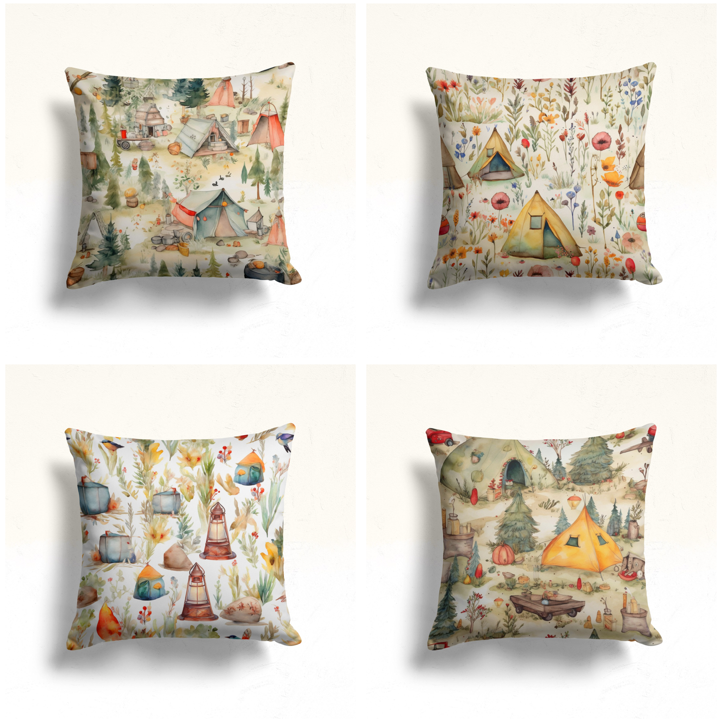 Watercolor Camping Scene Cushion Cover, Rustic Outdoor Adventure