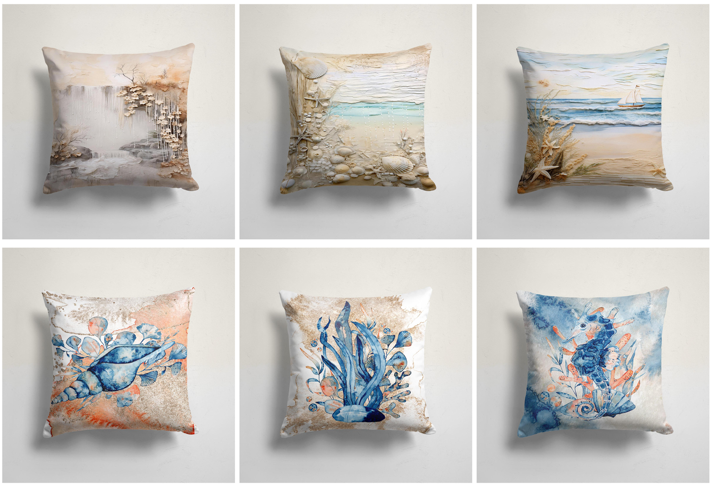 Coastal Shells and Sand Art Cushion Cover,Seahorse and Coral