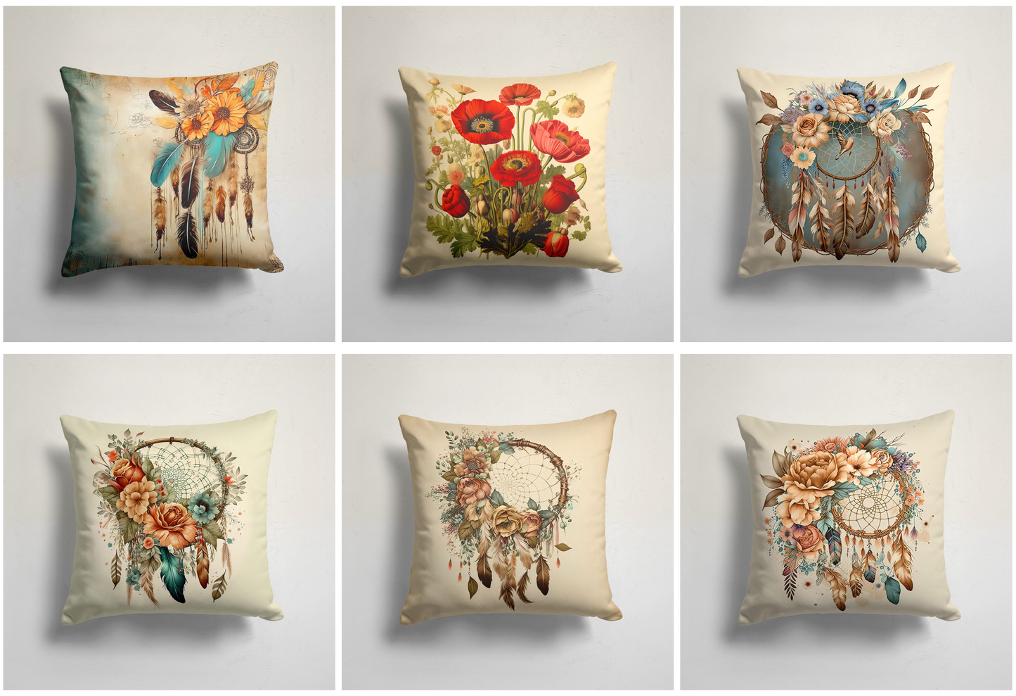 Poppy Flower Cushion Cover, Peach & Blue Bohemian Dreamcatcher