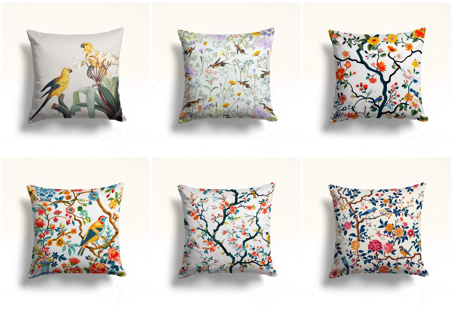Tropical, Exotic, Lovebirds Cushion Cover, Spring Blossom Branches