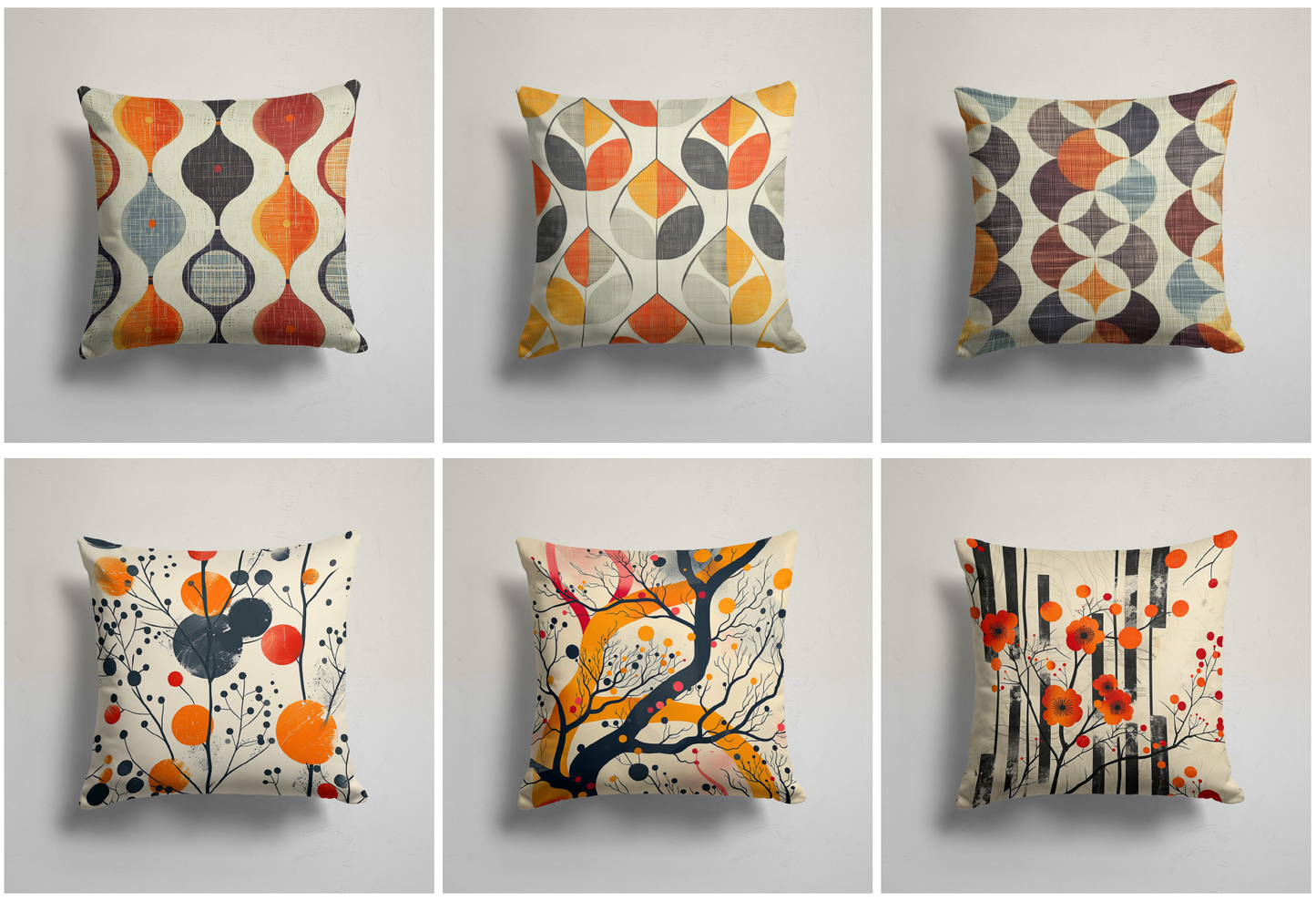 Retro Geometric Cushion Cover, Abstract Leaves, Gray Floral