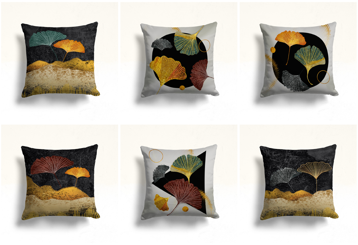 Golden Ginkgo Leaves Cushion Cover, Black Abstract Circle