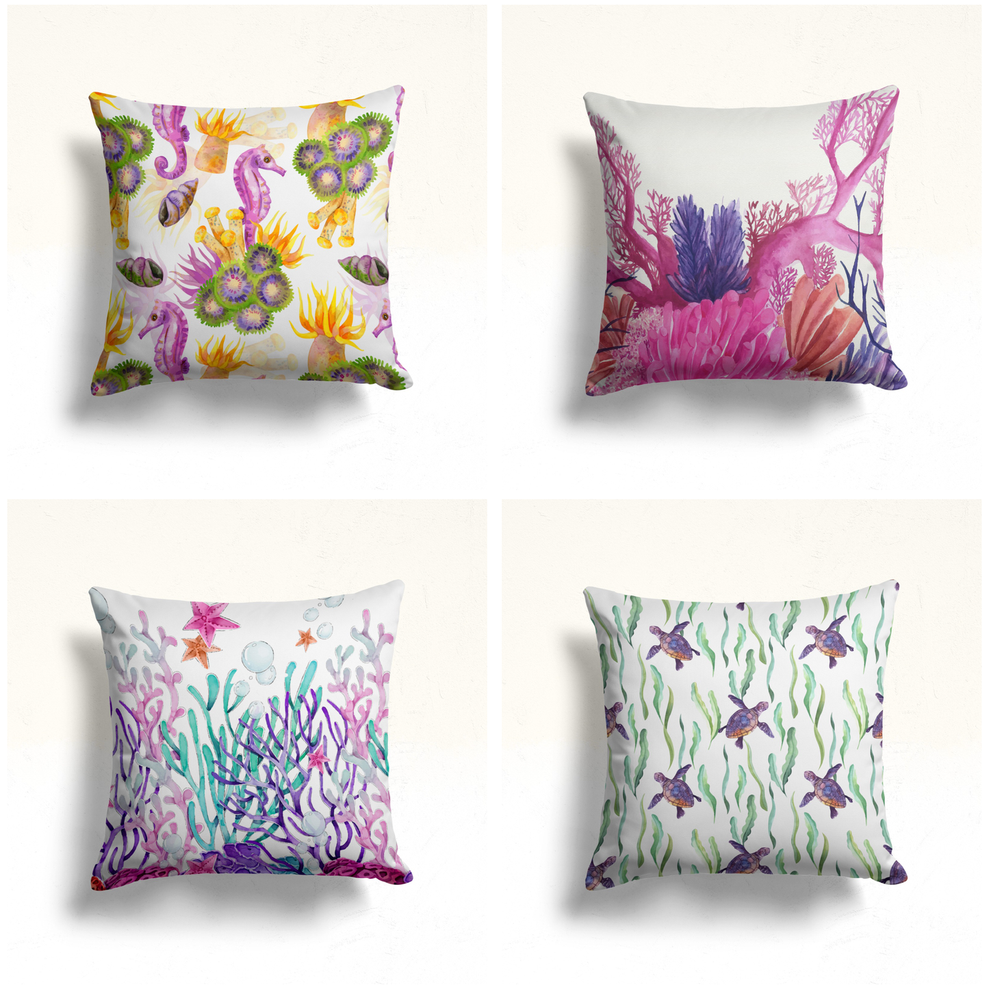 Colorful Sea Creatures Cushion Cover, Underwater Ocean Scene Decor