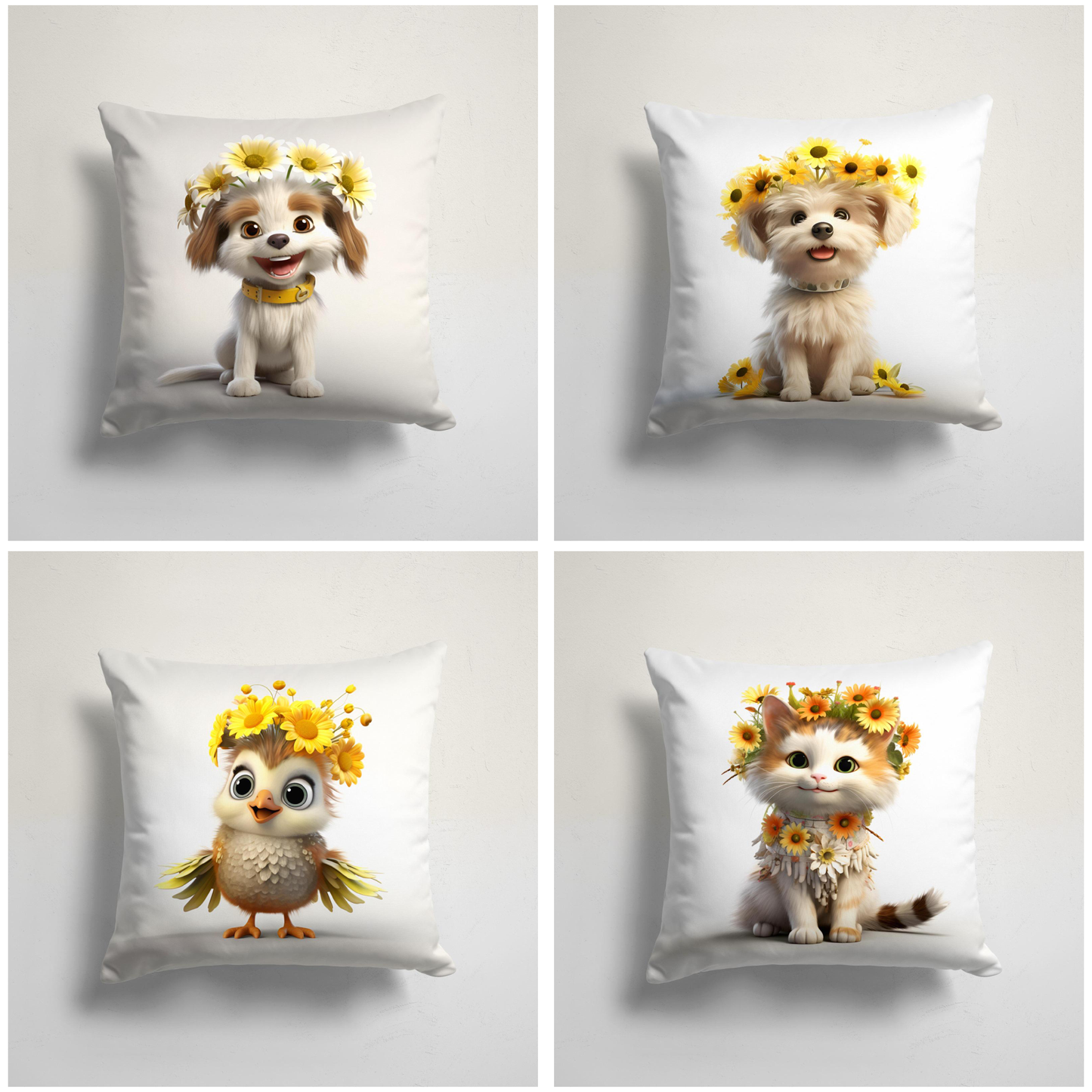 Cute Puppy with Daisy Garland Cushion Cover, Floral Feline Decor