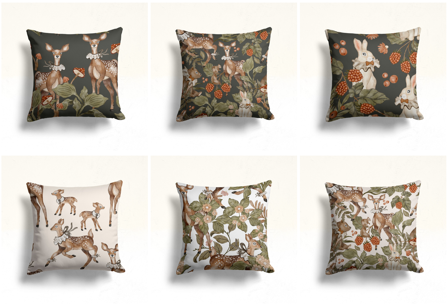 Deer & Mushroom Cushion Cover, Floral Forest Design