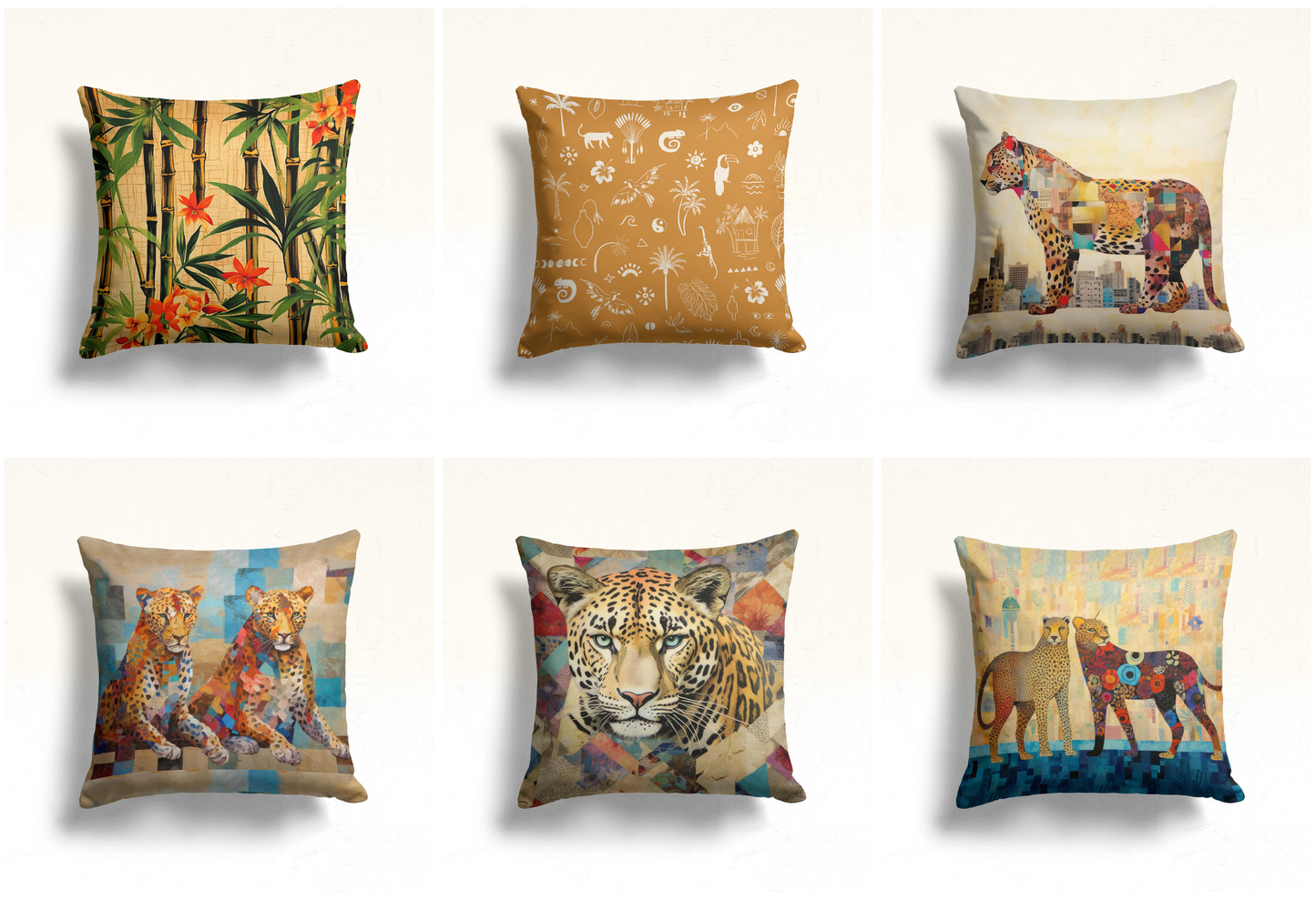 Tropical Bamboo Cushion Cover, Safari Leopards Illustrations