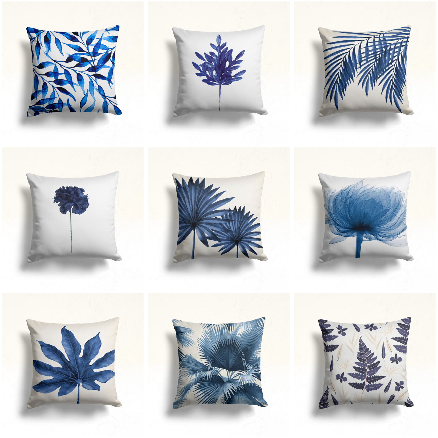 Blue Fern and Wildflower Cushion Cover, Abstract Indigo Leaves