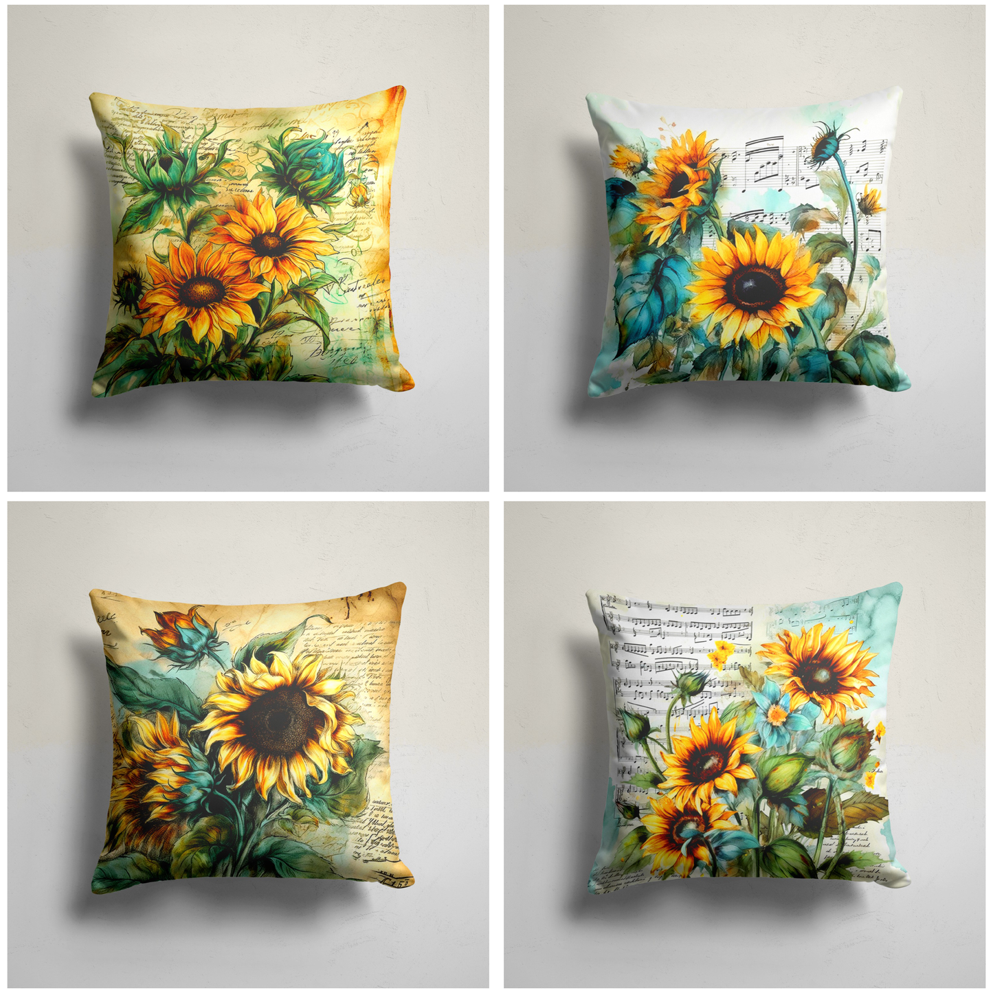 Sunflower Notes Cushion Cover, Artful Design with Script and Music