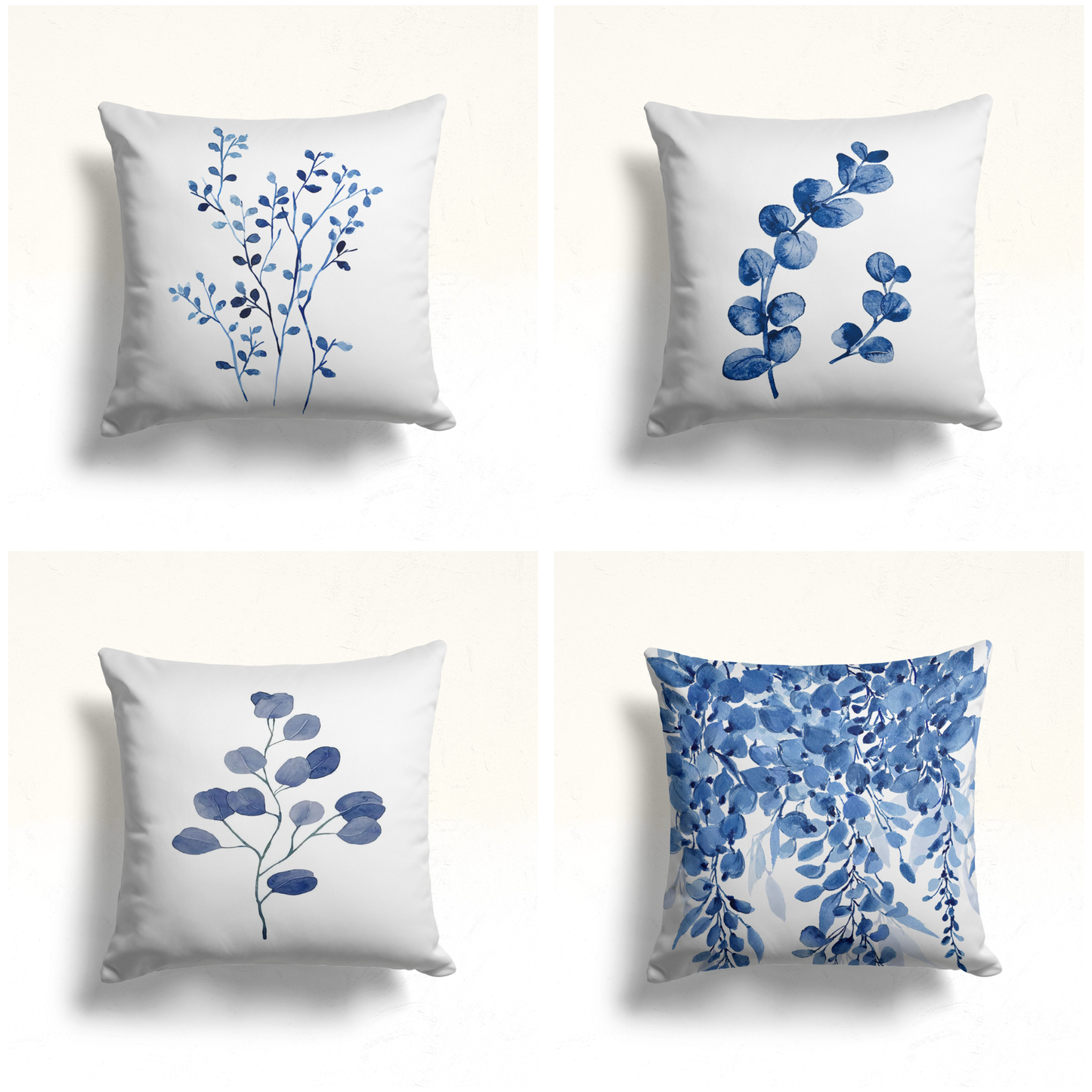 Blue Botanical Eucalyptus Cushion Cover, Blue Leaf Design