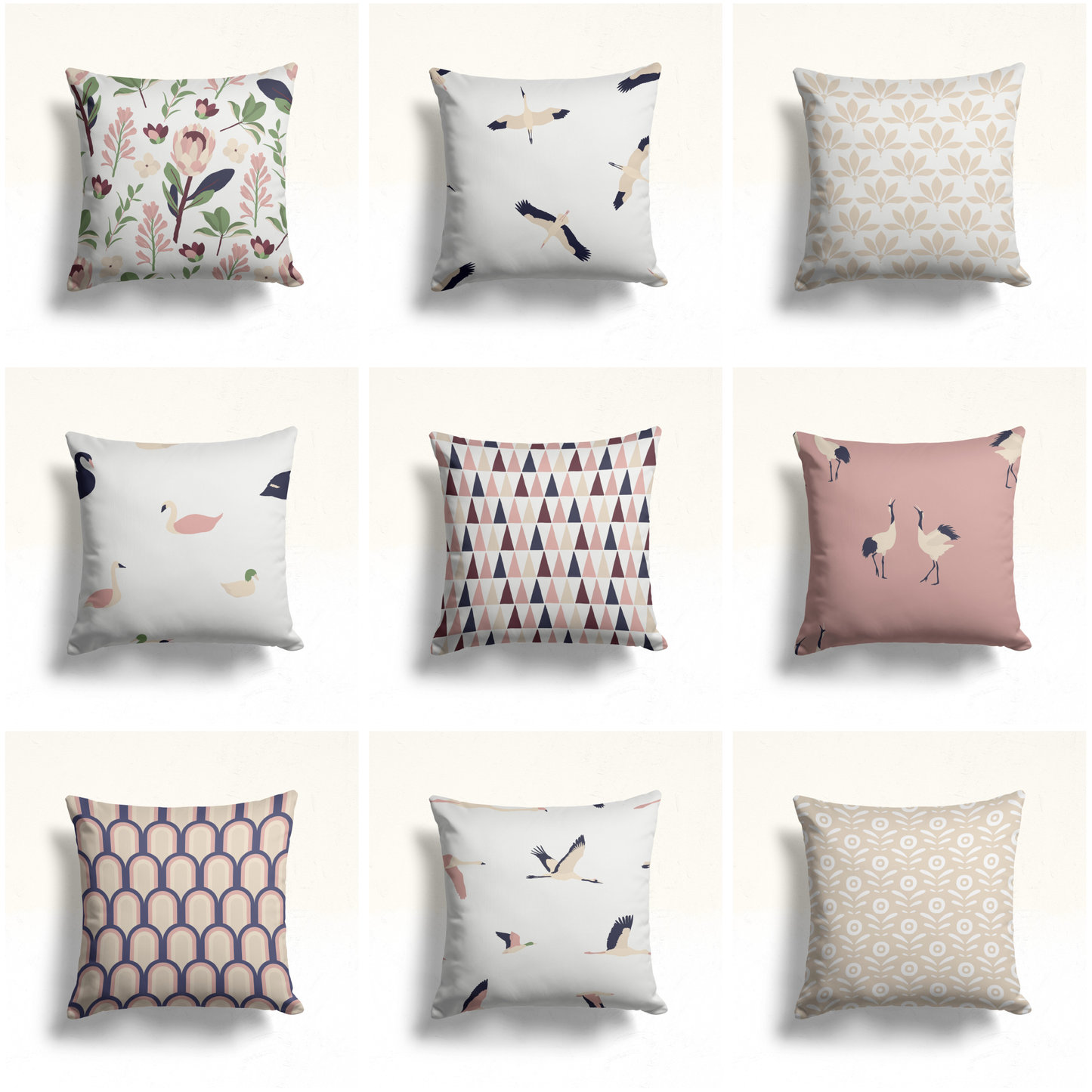 Floral and Bird Design Cushion Cover, Scandinavian Style
