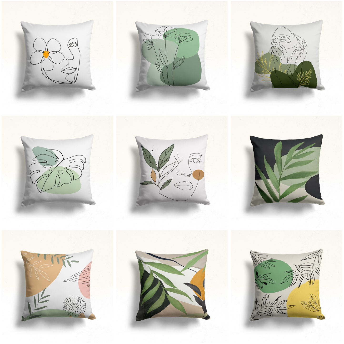 Abstract Floral Line Art Cushion Cover with Green Accents